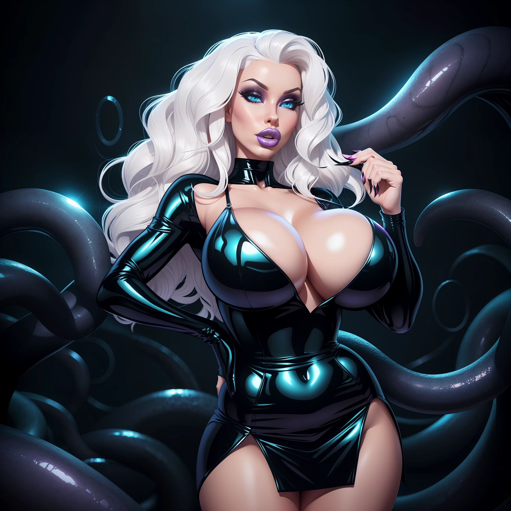 Solo, 1girl, (ThePit Bimbo:1.2), white hair styled in loose waves, black dress, Elvira dress, cleavage focus, dark makeup, 8k, high definition, huge resolution, (huge lips:1.2), moody lighting, glowing skin, nipple definition, blue eyes, eyelashes, high cheekbones, bubble butt, narrow waist, wide hips, huge breasts, breast enhancements, sexual expression, eldritch background, tentacle background,