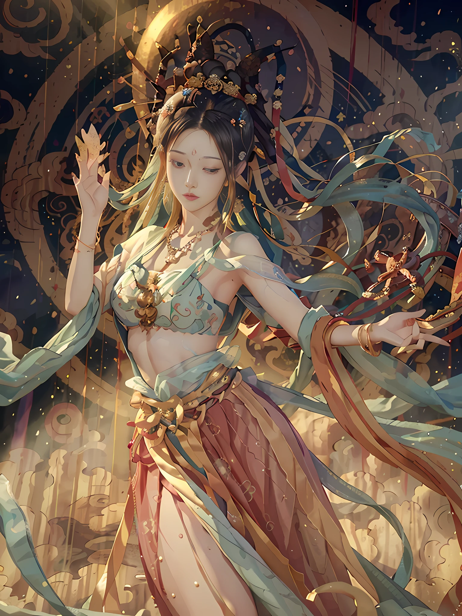 (8k, RAW photo, best quality, masterpiece:1.2), (realistic, photo photo-realistic:1.4), (very detailed CG Unity 8k wallpaper), (dunhuang_dress:1.2), (1 girl), (solo: 1.1), (full-body: 1.2), medium breasts, (long floating hair), jewelry in hair, very detailed, (dancing: 1.4), (floating ribbon: 1.6), wind, (style swirl magic: 1.1), (Rainbow Candy: 0.85), Chinese Landscape, Dreamy, Spectacular, (Fog: 1.4), Solo, Right Human Body, ((Right Hand Mechanism)), Clear Fingers, Five Fingers, Buddhist Totem Background, Mural, Mei Xuan Tu