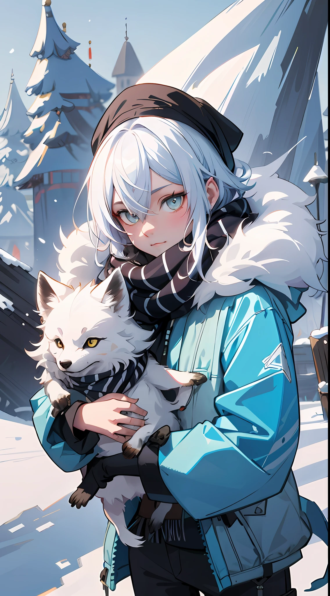 Style-NebMagic, portrait of Ismail Inceoglu, Gazelli, James jean, Anton Fadeev and Yoshitaka Amano, a fluffy cute Arctic fox wearing a Style-SylvaMagic scarf in the snow, very detailed, 8k resolution, digital art, trending on artstation, Vibrant Colours, Chibi style, masterpiece, adorable friendly lovely