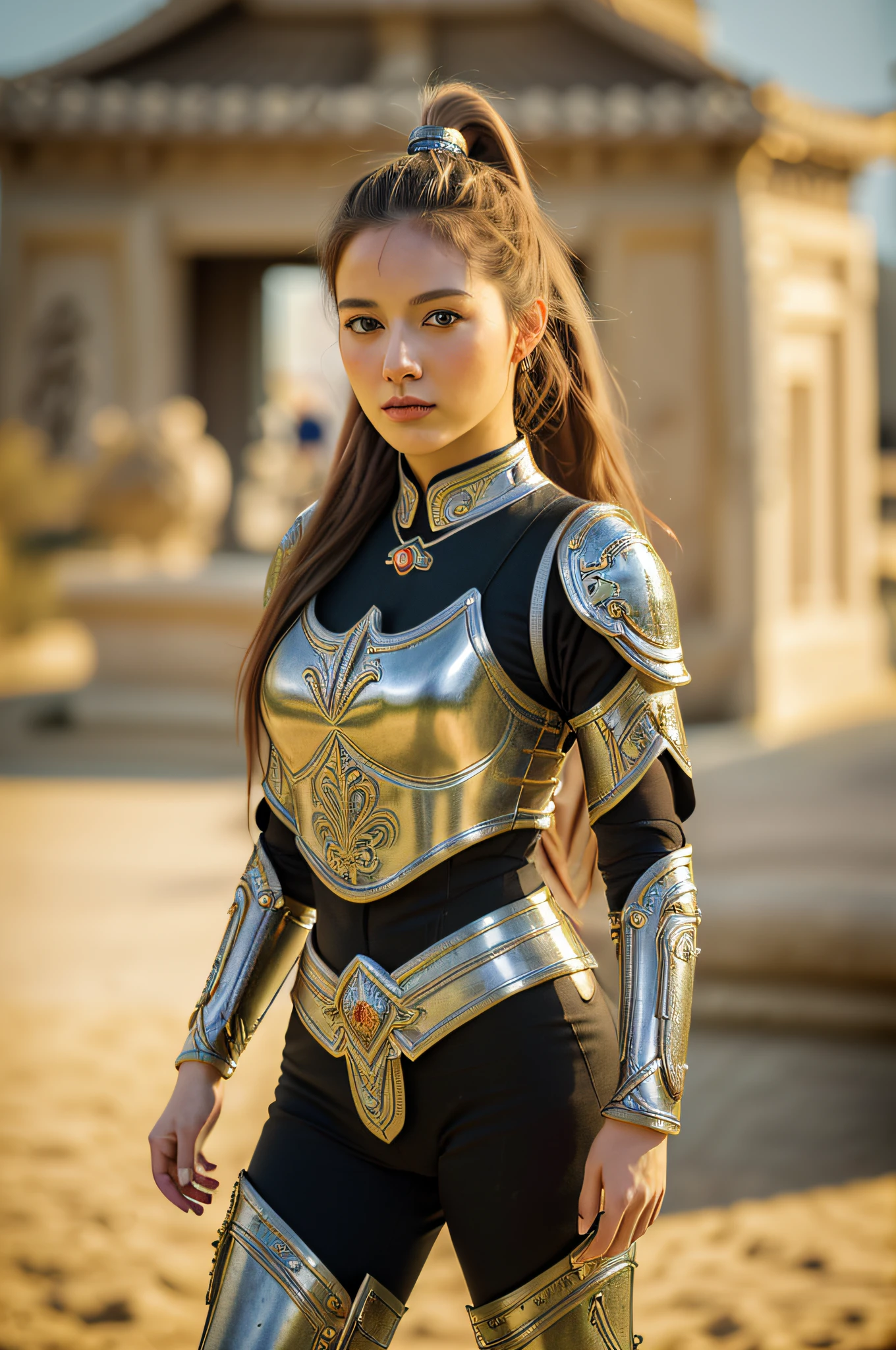 (8K, best quality: 1.2), (masterpiece: 1.37), (photo, photorealistic: 1.37), (ultra-high resolution), full body, walking pose, front footage, slow motion, Chinese female paladin wearing full body, (light silver armor: 1.2),(richly decorated armor), (incredibly detailed, bloom: 1.5), (high quality, Alessandro Casagrande, Greg Rutkowski, Sally Mann, concept art, 4k), 1.2), (high sharpness), (detailed students: 1.1),  detailed face and eyes, Masterpiece, best quality, (highly detailed photo: 1.1), (long hair, ponytail, ecstatic: 1.1), (young: 1.1), sharp, (perfect body:1.1), realistic, real shadow, 3d, (temple background:1.2), (by Michelangelo), photographed by Canan EOS R6, 135mm, 1/1250s, f/2.8, ISO 400