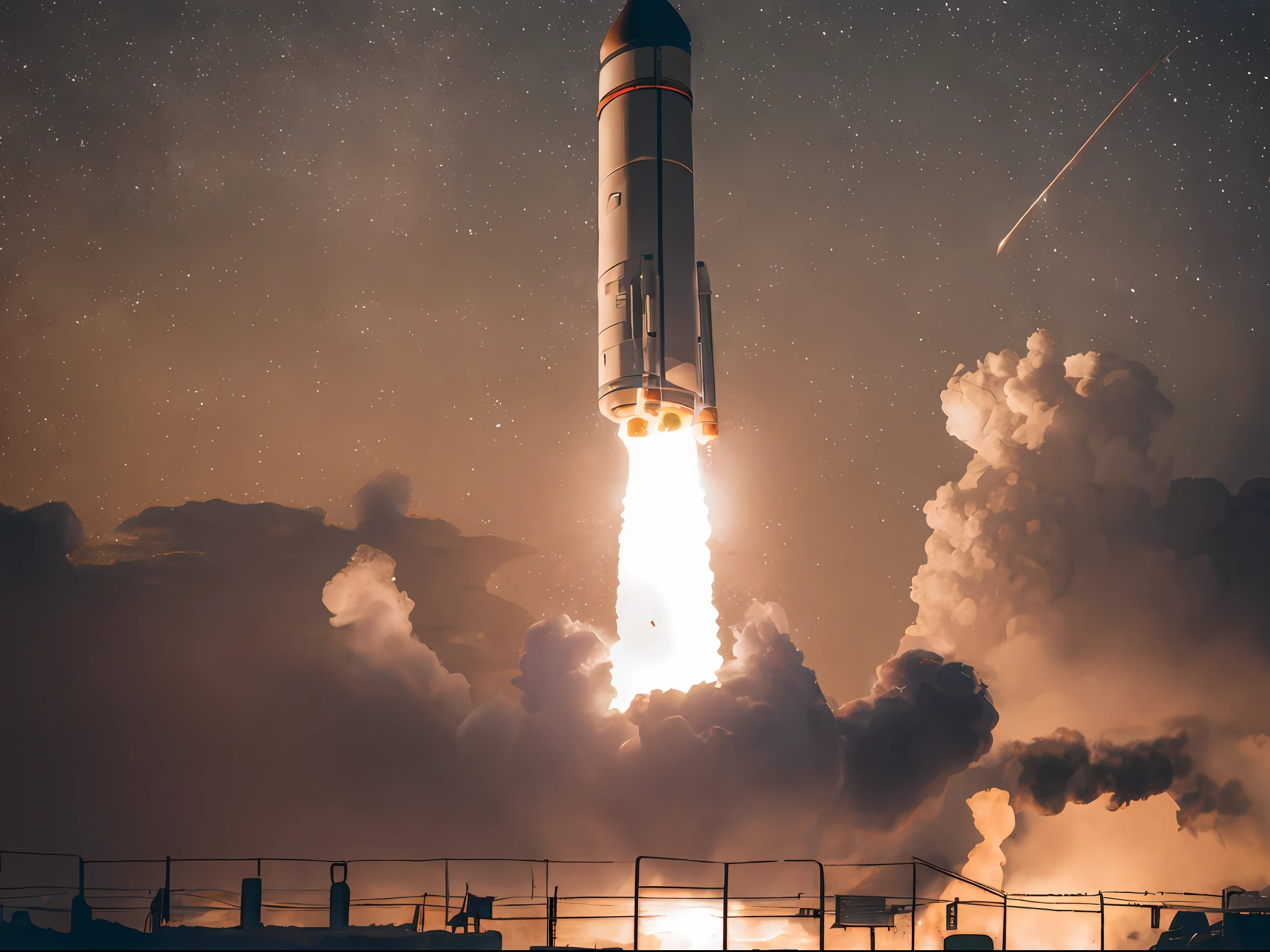 Gloomy, apocalyptic, mysterious, weird, rocket engine ignition, spitting fire, gas waves, the camera is aimed at the lower part of the rocket,