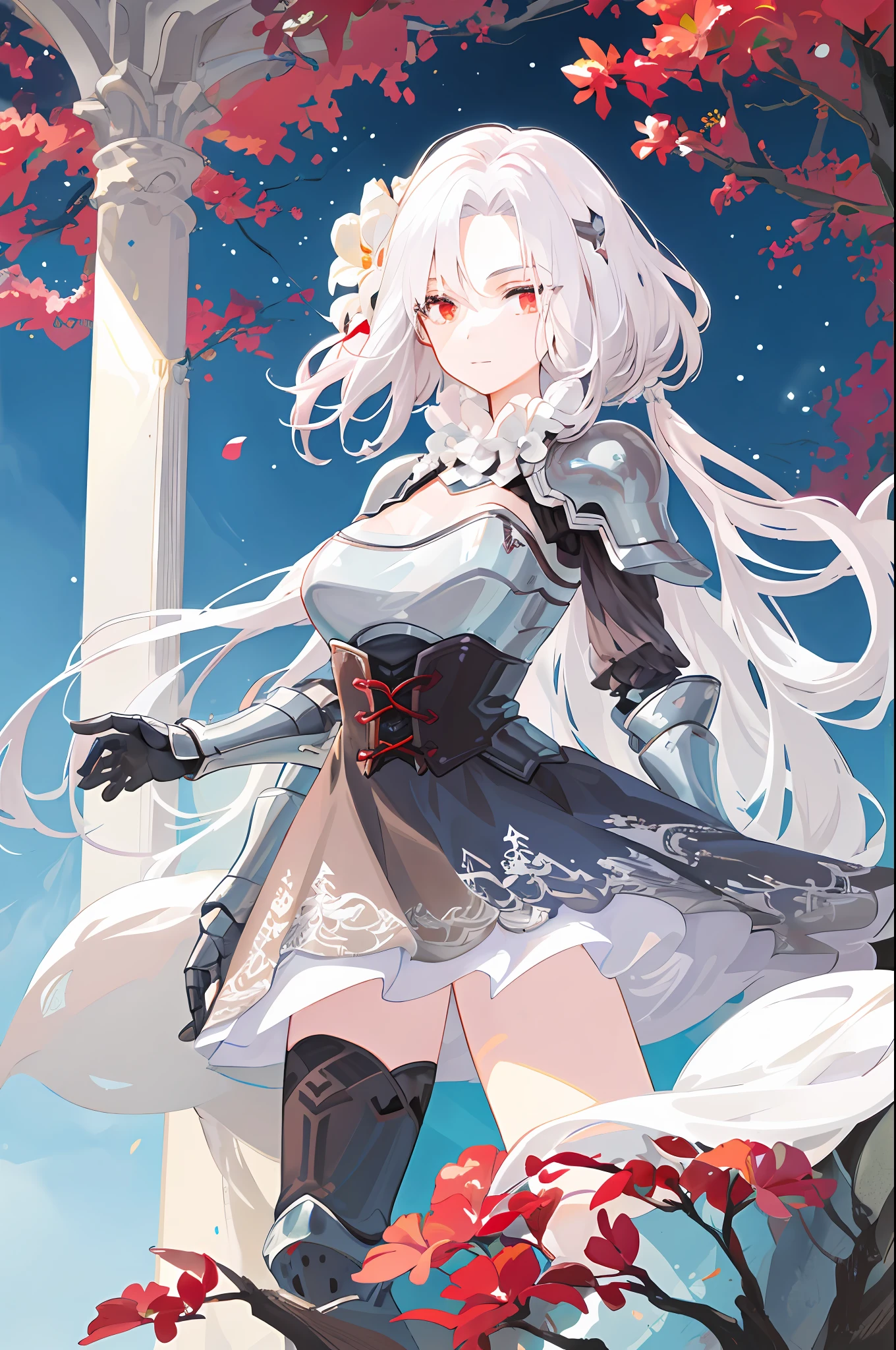 Masterpiece, extreme detail, light particle effect, armor inlaid with rubies, sparkling, two-dimensional style, a female knight, white hair, red eyes, long flowing hair, holding a long sword, night, moonlight, high tower in the background, complex armor, a large number of armor pieces, red decoration, bare chest, large breast, mangroves, short skirt, white background, upper body, nude, looking from the bottom up.