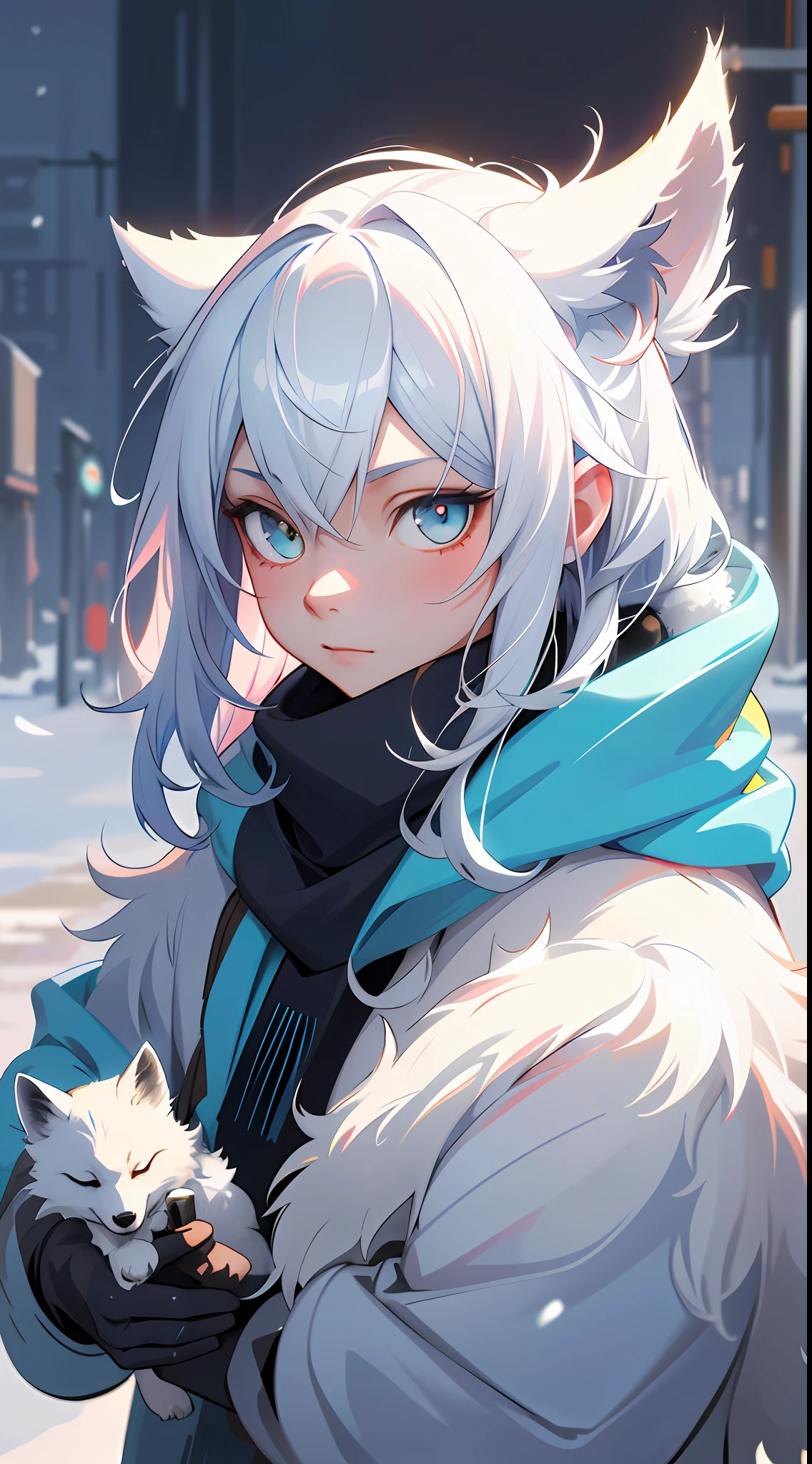 Style-NebMagic, portrait of Ismail Inceoglu, Gazelli, James jean, Anton Fadeev and Yoshitaka Amano, a fluffy cute Arctic fox wearing a Style-SylvaMagic scarf in the snow, very detailed, 8k resolution, digital art, trending on artstation, Vibrant Colours, Chibi style, masterpiece, adorable friendly lovely