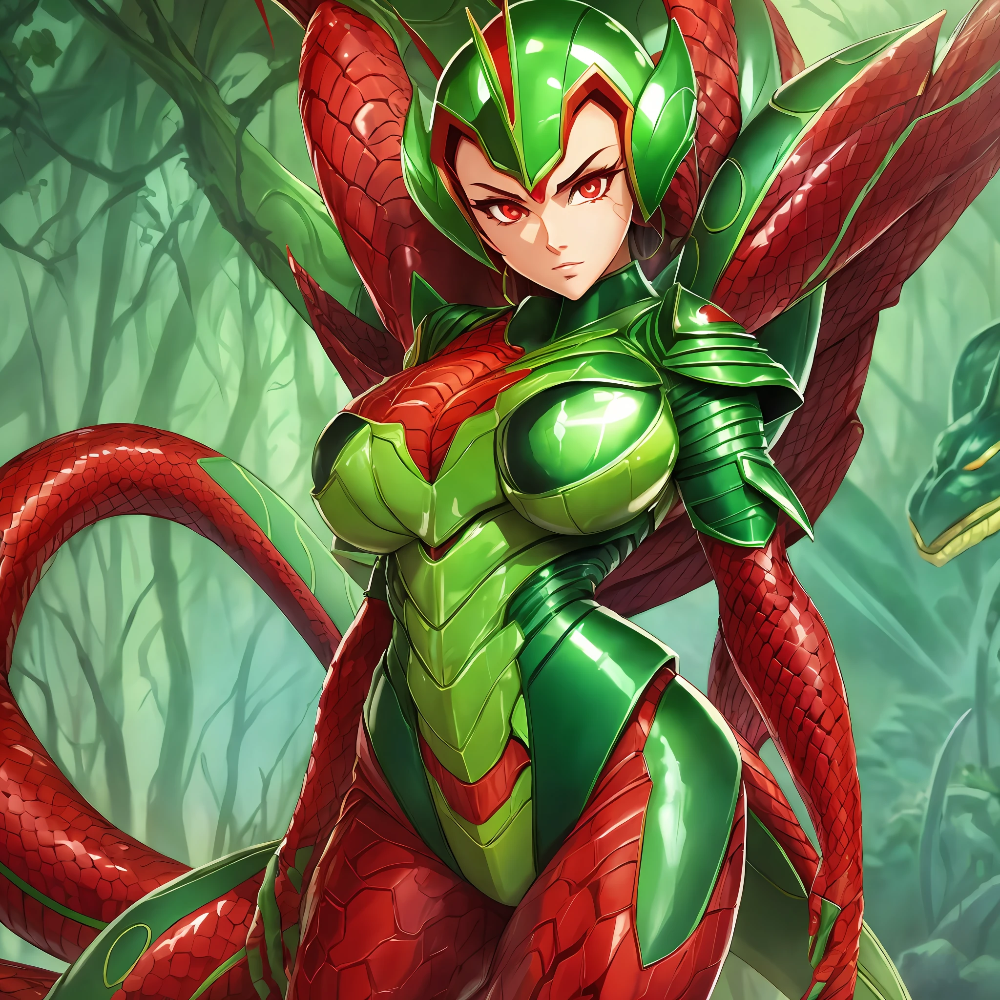 Cartoon photo of woman in green and red costume, hot insect humanoid woman, Guyver style, SFW version, red eye, scaraber reploid, tentacles imitating snake tail, cel shade adult animation, alien queen, serpentine pose, --auto --s2