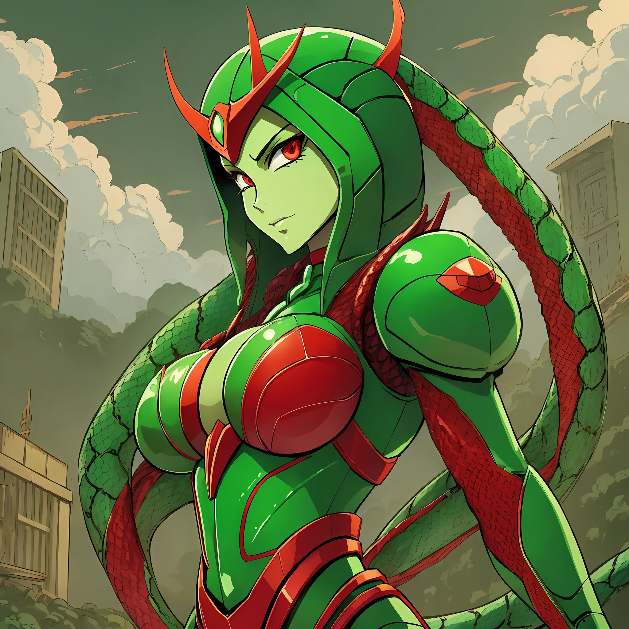 Cartoon photo of woman in green and red costume, hot insect humanoid woman, Guyver style, SFW version, red eye, scaraber reploid, tentacles imitating snake tail, cel shade adult animation, alien queen, serpentine pose, --auto --s2