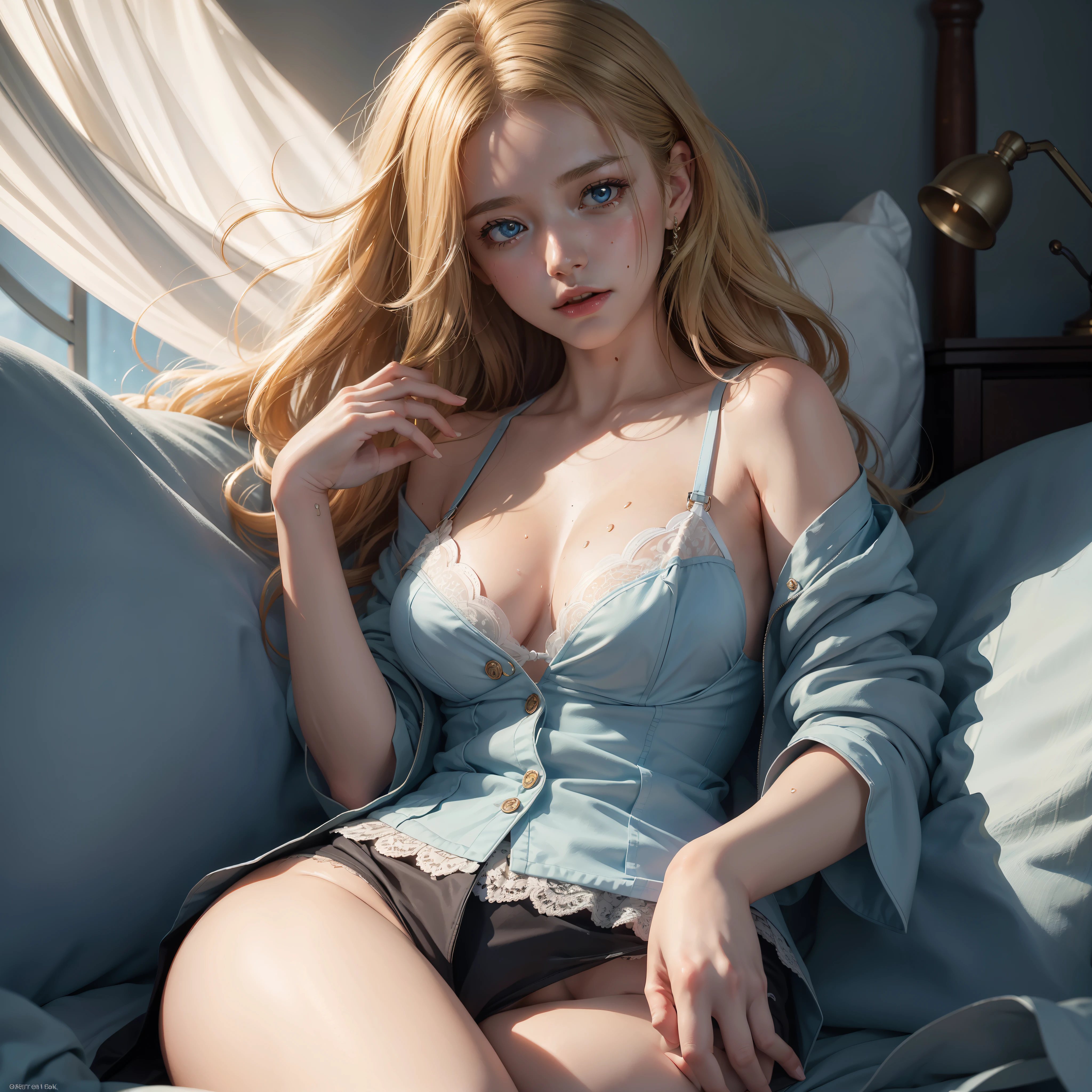 Only one girl, super details of a beautiful profile woman, bra, short skirt, panty jacket, blonde, blue eyes, 150 mm, beautiful studio soft light, vivid details, surreal, elegant, beautiful background, octane rendering, HR giger style, 8k, top quality, masterpiece, illustration, very delicate and beautiful, very detailed wallpaper, (real, Photorealistic: 1.37), amazing, fine details, masterpieces, top quality, official art, highly detailed CG Unity 8k wallpaper, absurd, incredibly absurd, full body, sunburn, sweat, flushed, half-dressed disheveled clothes, distressed expression, yawning, bed, lying on your back, sleeping, thighs, shoulders, staring at you