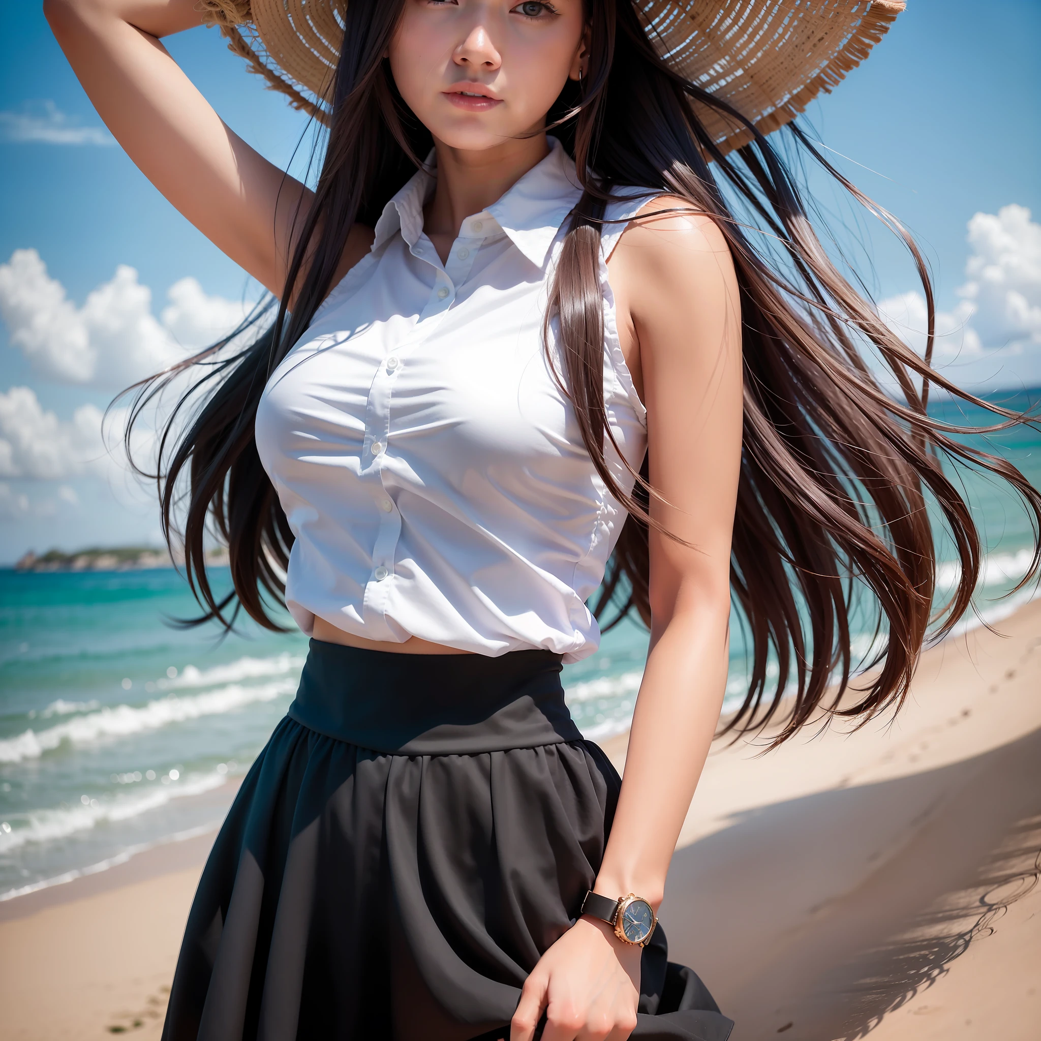 Best quality,masterpiece,ultra high res,raw photo,detail face,detailed skin,dramatic lighting,1girl,solo,cowboy shot,playing,smile,skirt,outdoor,long hair,shirt,black hair,looking at viewer,black skirt,medium breasts,white shirt,shirt tucked in,collared shirt,lips,sleeveless shirt,beach volleyball,seaside,