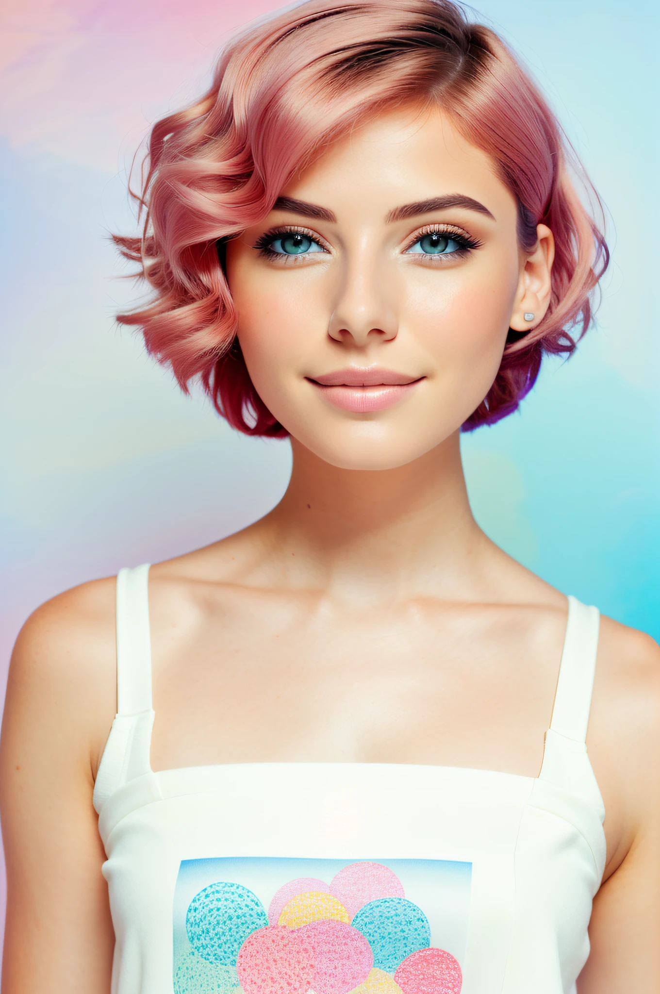 (RAW photo, highest quality), (realistic, realistic: 1.4), full body, 1girl, high quality, (high detail skin: 1.42, fluffy eyes, gorgeous hair, (bright room: 1.3), (rim lighting: 1.3), (dimly lit: 1.6), (bright dawn: 1.3), indoor, portrait, black hair, pastel background, short hair,