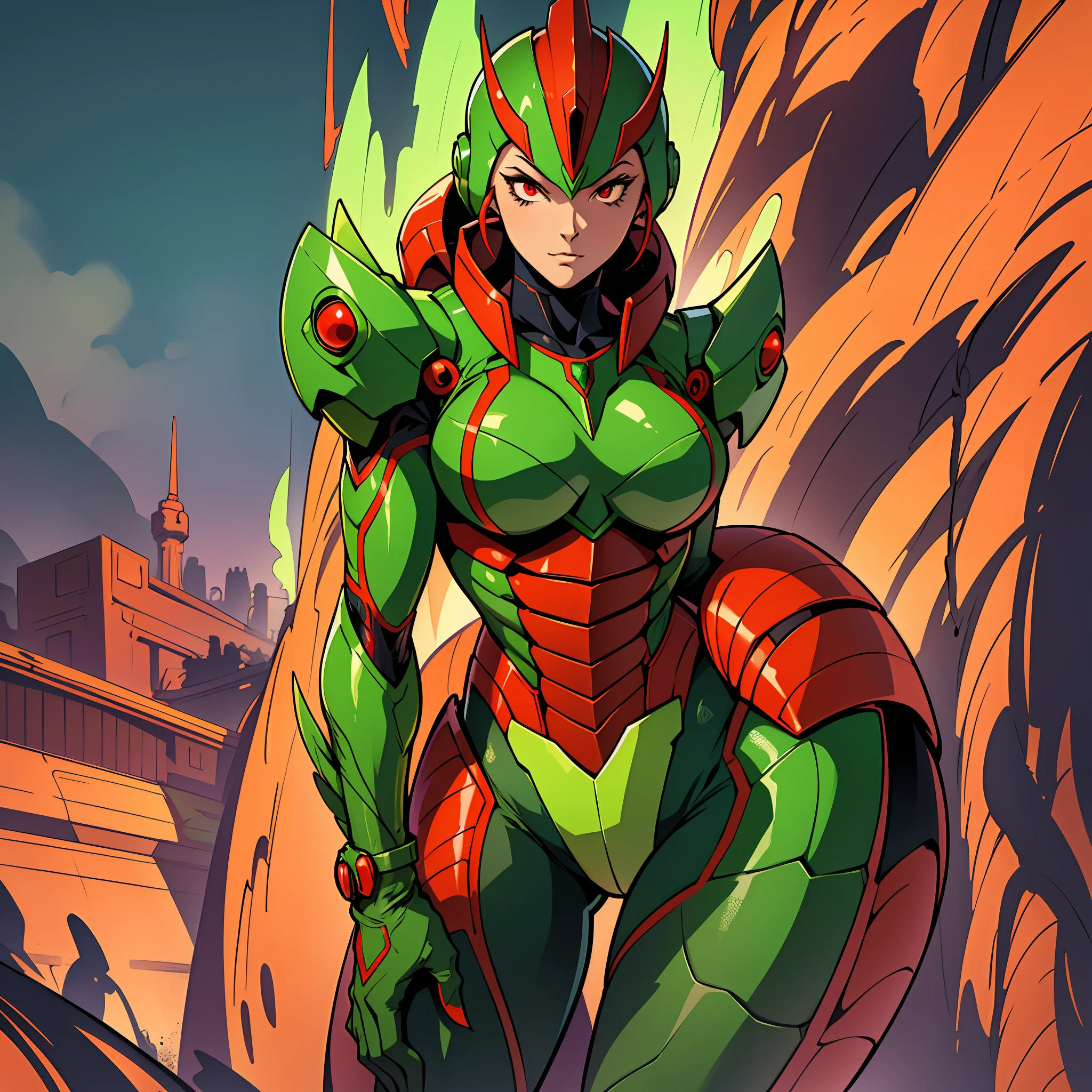 Cartoon photo of woman in green and red costume, hot insect humanoid woman, Guyver style, SFW version, red eye, scaraber reploid, tentacles imitating snake tail, cel shade adult animation, alien queen, serpentine pose, --auto --s2