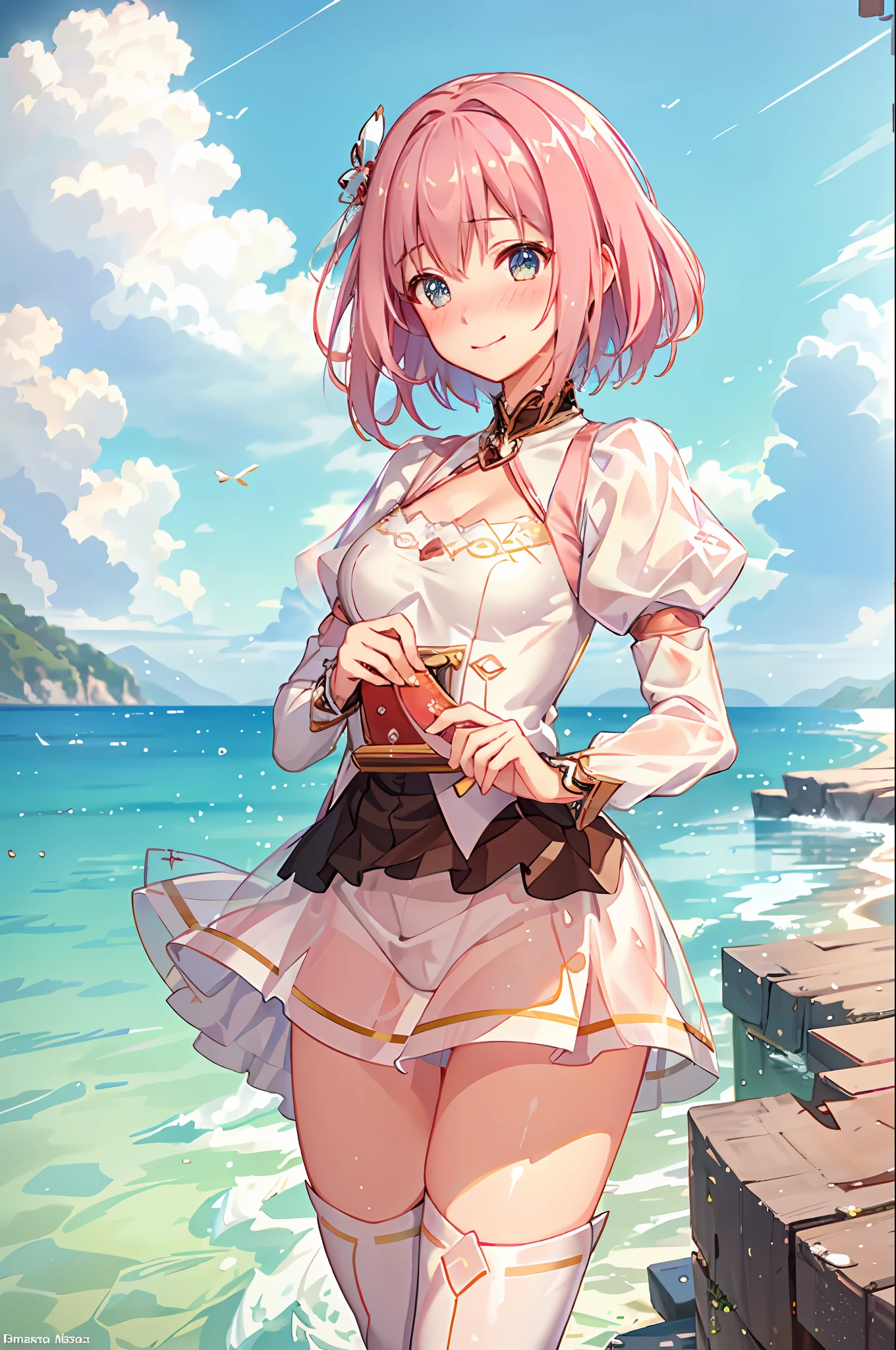 (8k, masterpiece:1.21), (best quality:1.21), {an extremely delicate and beautiful}, (realistic, photo-realistic:1.3),(ultra detailed), high res,HDR, cinematic lighting, highly detailed background, perspective, bokeh, depth of field, ray tracing,
1girl, solo, cute, realistic skin texture, ((light on face)), (focus on face), (sharp focus), (nose blush), (beautiful detailed face:1.2), (blush:1.3), (beautiful perfect eyes), perfect skin,looking at viewer, (young girl:1.3), (small face:1.2), (slim thighs:1.2), (full body), (innocent smile:1.3),
yui, origin, short hair, pleated skirt, puffy sleeves, red skirt, thigh boots, thighhighs, white footwear, yui \(princess_connect!\), medium breasts,
huge infinity pool, standing in clean water, sunny, cloud, stunning beautiful sea in background, wet, wet skin, wet clothes, prestige resort, see through