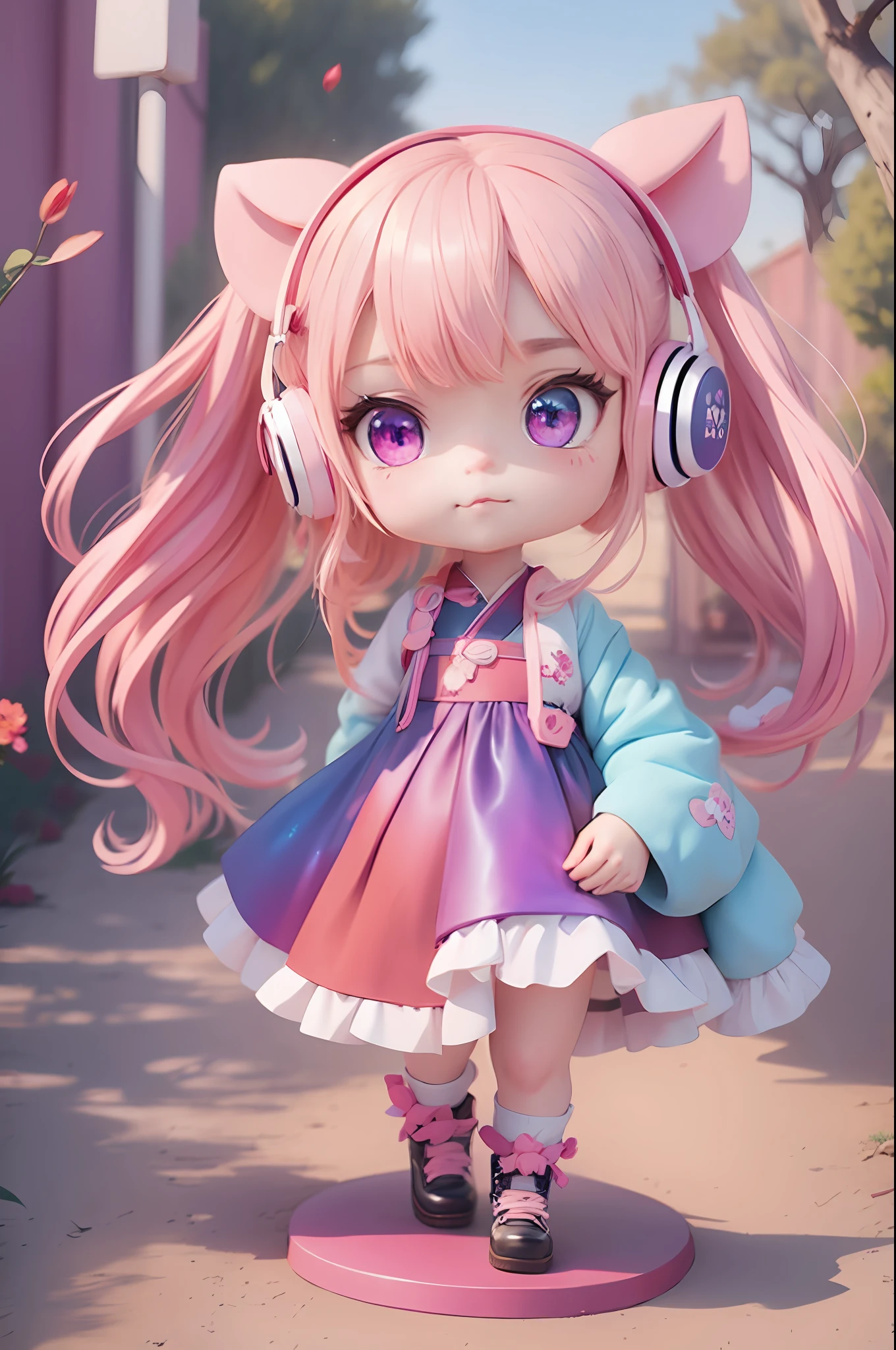Anime girl with pink hair and blue-purple eyes holding a fan, wearing pig ear headphones, furry dog tail, cute digital art, cute detailed digital art, cute anime outer house wearing beautiful clothes, cute anime girl, cute digital painting, anime style. 8k, cute anime, anime style 4k, cute art style, guvez style artwork, kawaii realistic portrait, anime style digital art, full body, chibi