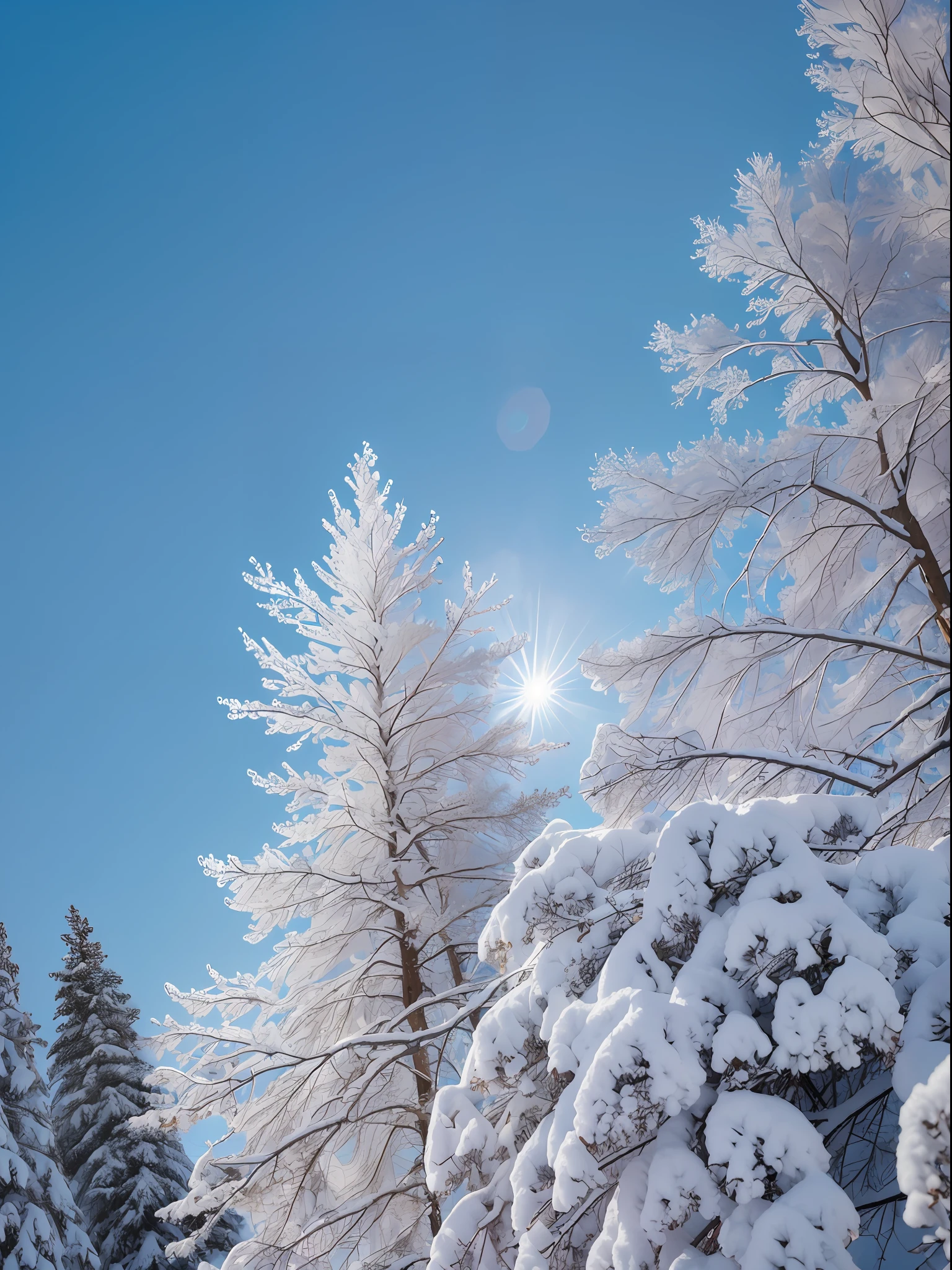((highest quality, 8k, masterpiece, photorealism, RAW photo, highest quality)), snow and ice covered trees against blue sky, sunny winter day, snowy trees, cannon snowy trees, winter snow, snow, pale as the first snow of winter, huge white tree in winter, snowy winter, winter in snow, branches reach the sky, snow falls on trees and ground, seen from below, Cold snow, ultra-realistic, high definitionRealism, realistic photos, professional color correction, shot with Canon EOS 5D Mark IV --auto --s2