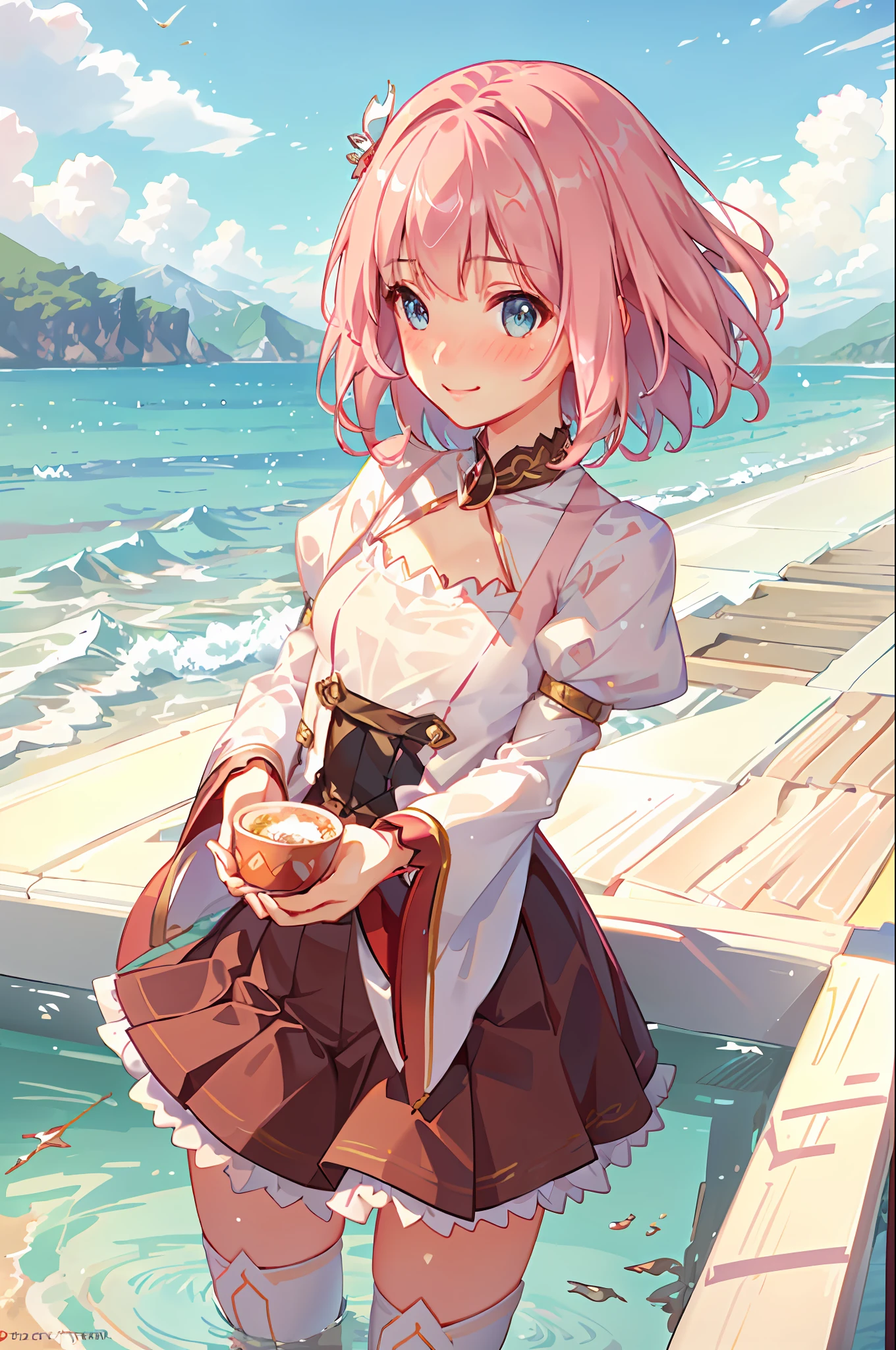 (8k, masterpiece:1.21), (best quality:1.21), {an extremely delicate and beautiful}, (realistic, photo-realistic:1.3),(ultra detailed), high res,HDR, cinematic lighting, highly detailed background, perspective, bokeh, depth of field, ray tracing,
1girl, solo, cute, realistic skin texture, ((light on face)), (focus on face), (sharp focus), (nose blush), (beautiful detailed face:1.2), (blush:1.3), (beautiful perfect eyes), perfect skin,looking at viewer, (young girl:1.3), (small face:1.2), (slim thighs:1.2), (full body), (innocent smile:1.3),
yui, origin, short hair, pleated skirt, puffy sleeves, red skirt, thigh boots, thighhighs, white footwear, yui \(princess_connect!\), medium breasts,
huge infinity pool, standing in clean water, sunny, cloud, stunning beautiful sea in background, wet, wet skin, wet clothes, prestige resort, see through