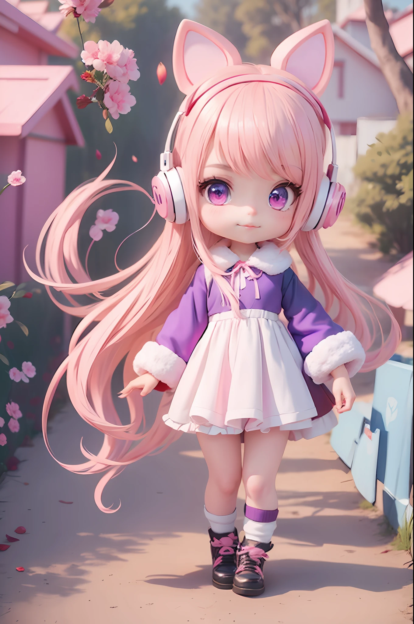 Anime girl with pink hair and blue-purple eyes holding a fan, wearing pig ear headphones, furry dog tail, cute digital art, cute detailed digital art, cute anime outer house wearing beautiful clothes, cute anime girl, cute digital painting, anime style. 8k, cute anime, anime style 4k, cute art style, guvez style artwork, kawaii realistic portrait, anime style digital art, full body, chibi
