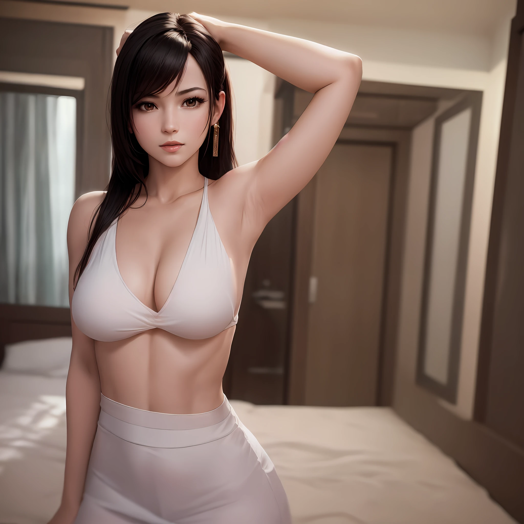Best Quality, 8k, 32k, Masterpiece, UHD: 1.2), Photo, Tifa, Room, Upper Body Without Clothes, Facial Focus, Simple Background,