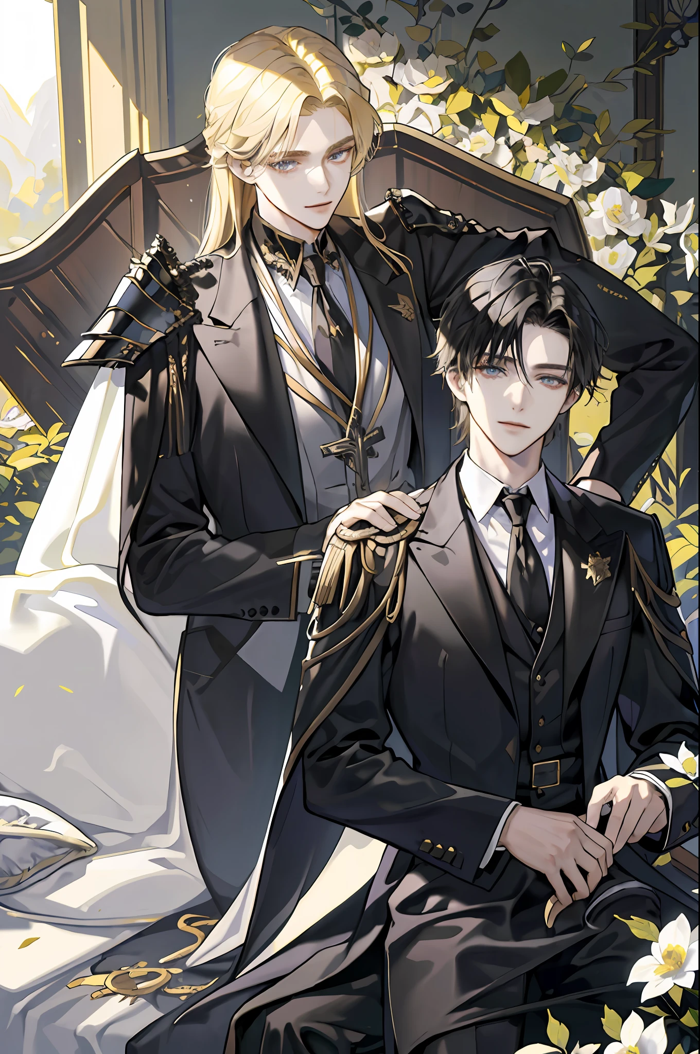 ((Masterpiece: 1.2, best quality)), ((2 men)), long blond hair, golden eyes (handsome: 1.4), white suit, uniform, royalty, (strong black knight, 30 years old, short black hair, scar on right eye, black armor), fantasy, forest, blooming flowers, sunlight, fantastic light and shadow, landscape, highly detailed face, portrait, smile