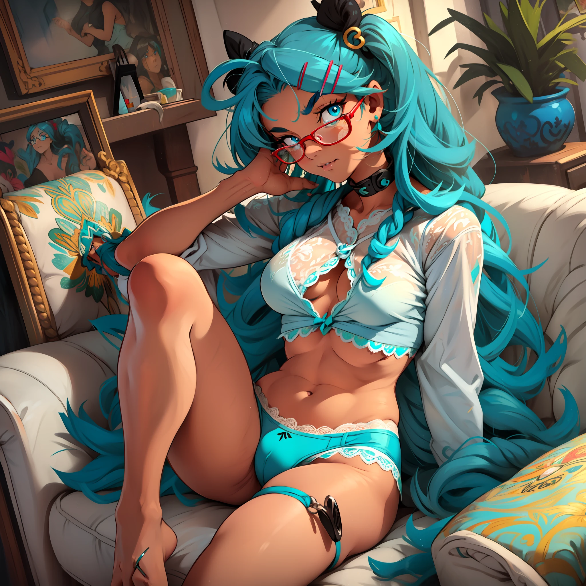 Juniper Montage, Juniper from My little pony, medium breasts, small breasts, five fingers, detailed hands, two hair tones, hair color turquoise and dark turquoise, twin tails hairstyle, glasses, red sofa, bangs straight, (dark blue eyes), (hairpins in the form of film coils), solo, one character, underwear white lace