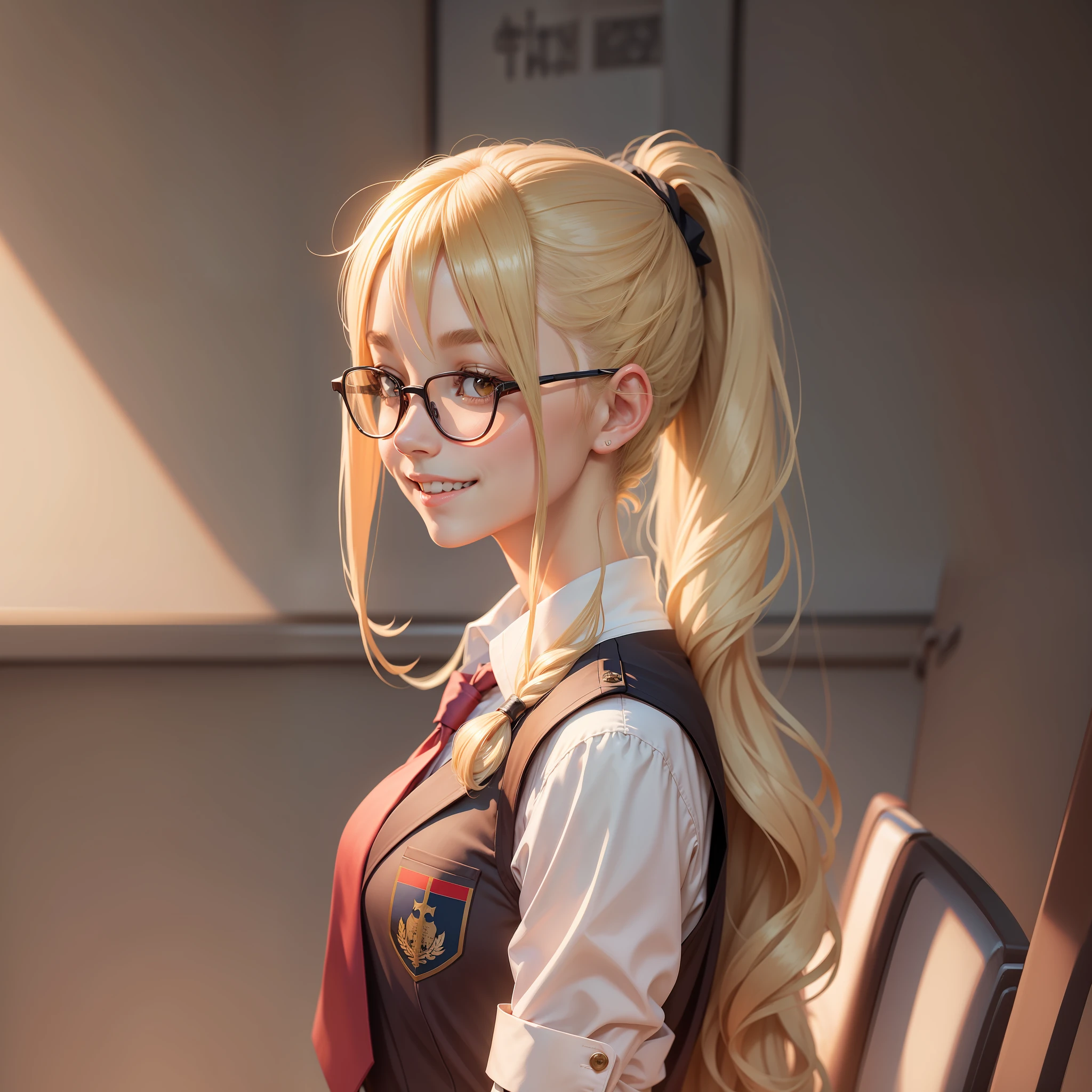 Date Glasses Girl Blonde Long Hair Smile Uniform School Ponytail