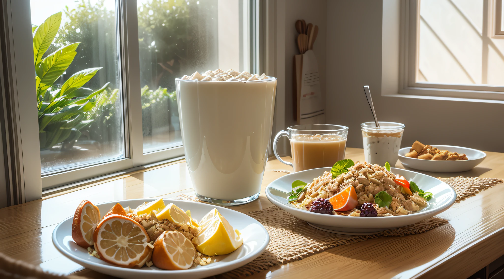 There are oatmeal, yogurt, salad and other foods on the kitchen table, and the sun outside the window shines in to highlight the healthy living concept of eating breakfast --auto --s2