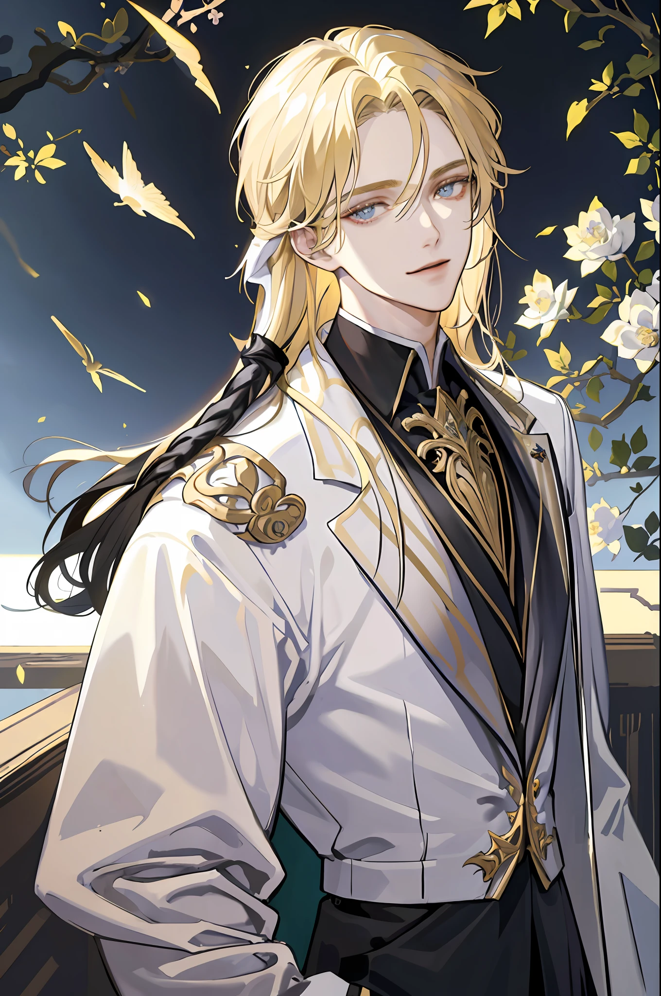 ((Masterpiece: 1.2, best quality)), ((2 men)), long blond hair, golden eyes (handsome: 1.4), white suit, uniform, royalty, (strong black knight, 30 years old, short black hair, scar on right eye, black armor), fantasy, forest, blooming flowers, sunlight, fantastic light and shadow, landscape, highly detailed face, portrait, smile