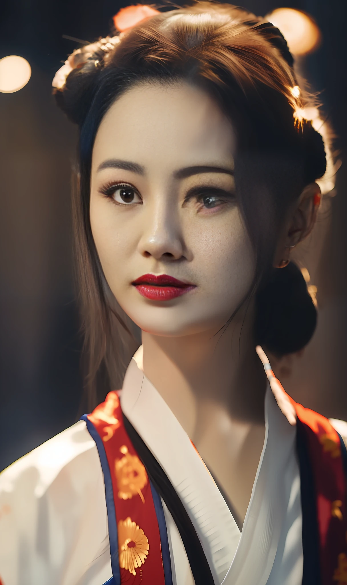 Chinese girl, martial arts style, with the word ninja on her left cheek. Plump, big breasts, sunny background, she wears a traditional Chinese short skirt, holds a spear, and her hair is tied in two buns,