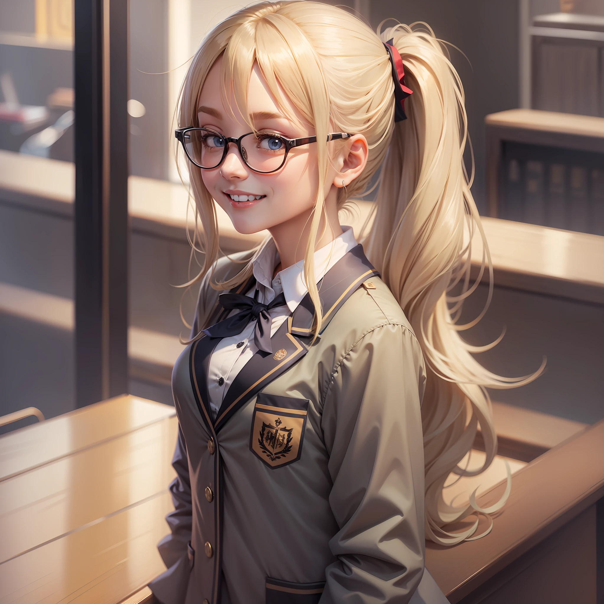 Date Glasses Girl Blonde Long Hair Smile Uniform School Ponytail