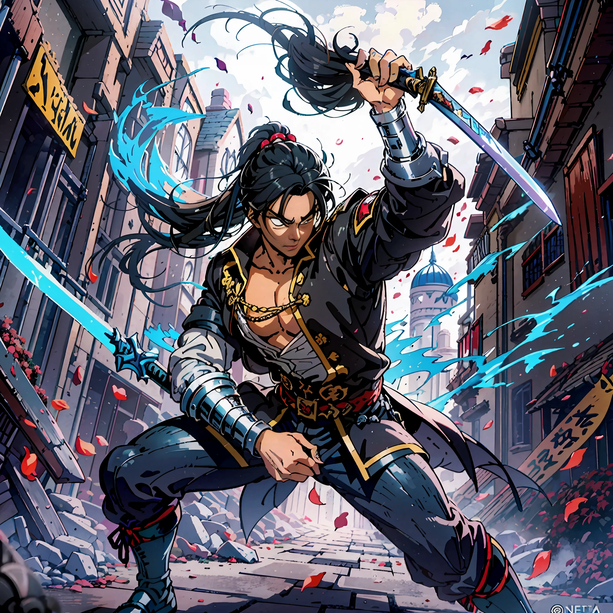 Create an anime-style illustration of Nestor, an arrogant 22-year-old with black hair tied up in a ponytail. He wears medieval black clothing and wields two medieval swords in his hands. Around him, white petals move dynamically, symbolizing his mastery over his unique ability. The background is a chaotic scenario, Enemies falling and intensifying the battle scene. Highlight Nestor's determined expression, using vibrant colors, detailed strokes, and dynamic poses to show off his prowess as he faces his opponents. The setting must be a ruined tavern. --auto --s2
