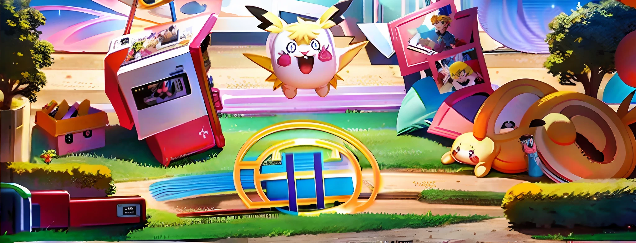 pokemon world is coming to nintendo switch, official artwork, official art, character art of maple story, high detailed official artwork, official concept art, official splash art, concept art of pikachu, background artwork, official anime artwork, volley court background, official illustration, promotional art, game illustration, mobile game art, official character art, official character illustration, official fanart, background art