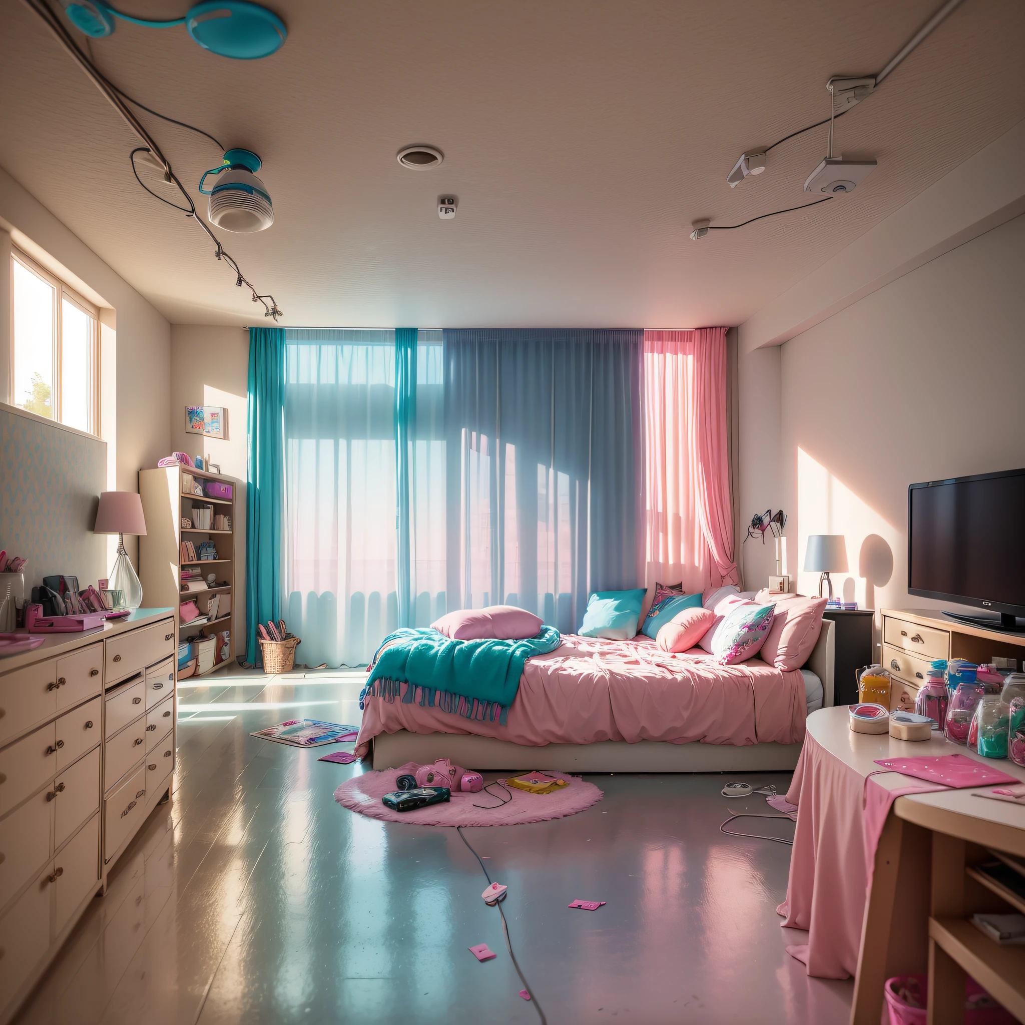 Teenage girl's dirty room, retro old pink sofa, bras, panties, underwear scattered, PlayStation 5 and controller, PC and monitor, window, sunset light entering the room, junk food, cup noodle and DRINK jars and cans are scattered, trash cans are overflowing. The walls are bare with cables and wiring, only the appliances are futuristic, sparkling dust is flying around the room, HD, 8K, masterpiece, real texture. --auto --s2