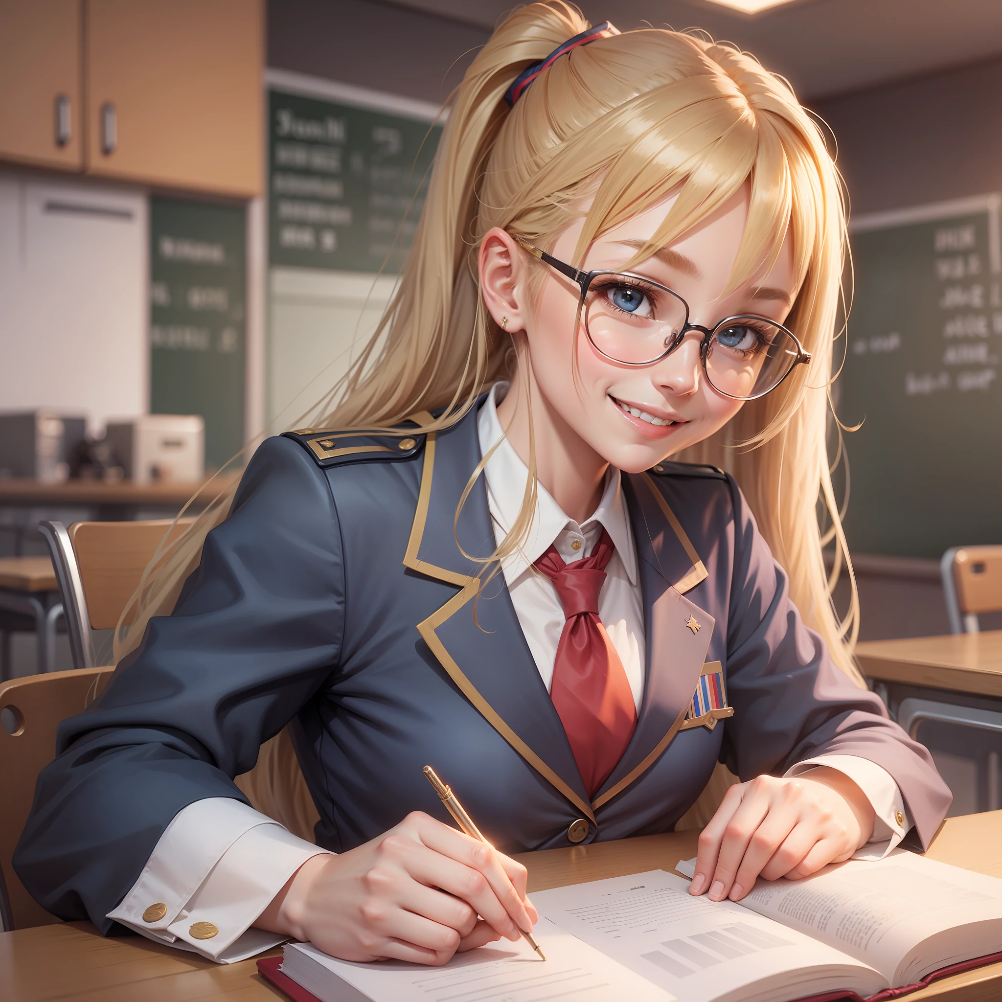 Date Glasses Girl Blonde Long Hair Smile Uniform School Ponytail