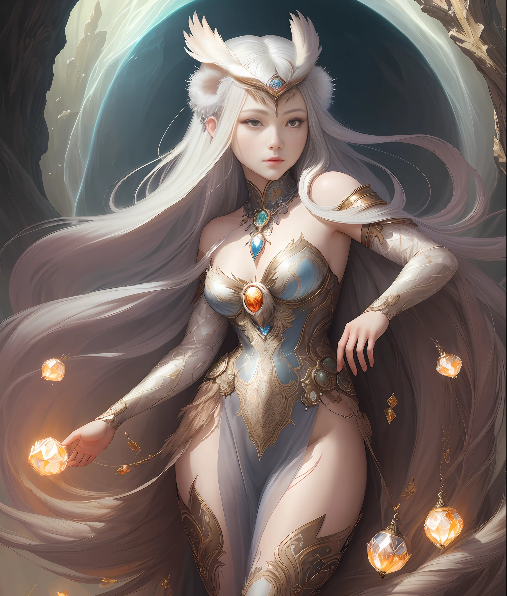 An animal, owl, realistic, vector, full body mosaic metal crystal decoration, glowing crystal eyes, white eye hair covered with crystal pendant, fantasy, sunlight, sunlight, intricate details. 8k, dreamy, surreal, symmetrical, soft lighting, popular on art tables, intricate details, highly detailed, unrealistic engine, by ross tran, wlop, artgerm and james jean, Brian Froud , art illustration by Miho Hirano, Neimi Kanani, oil on canvas by Aykut Aydoğdu, heavy brush strokes, paint dripping