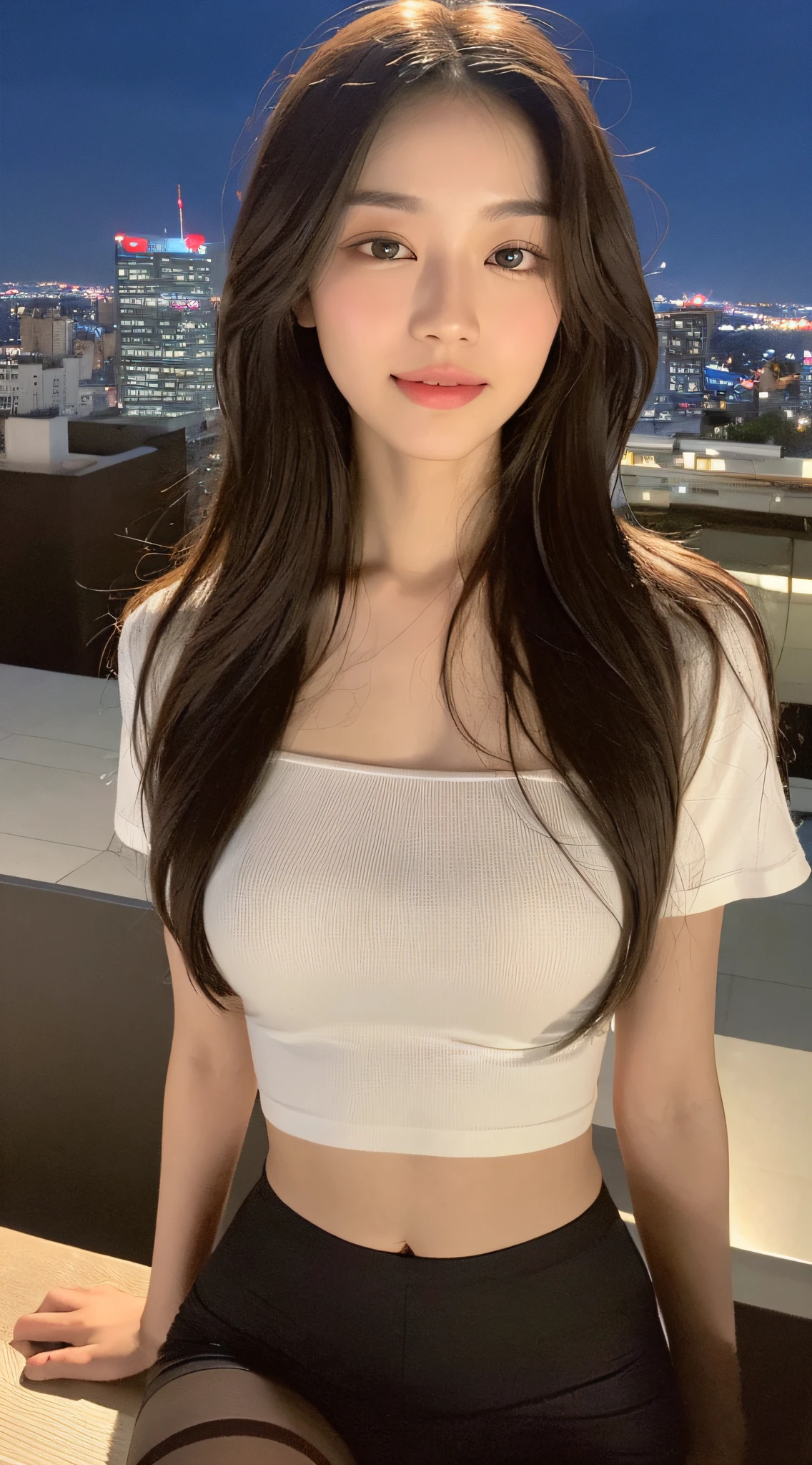 ((Excellent, 8K, Masterpiece:1.3)), Full body, Long legs, Focal length: 1.2, Perfect Body Beauty: 1.4, Slim Abs: 1.1, ((Dark brown layered hair, Big breasts: 1.2) ), (White skinny T-shirt, pantyhose, standing: 1.2), ((City Night View, Roof: 1.3)), Highly detailed face and skin texture, smile, delicate eyes, double eyelids