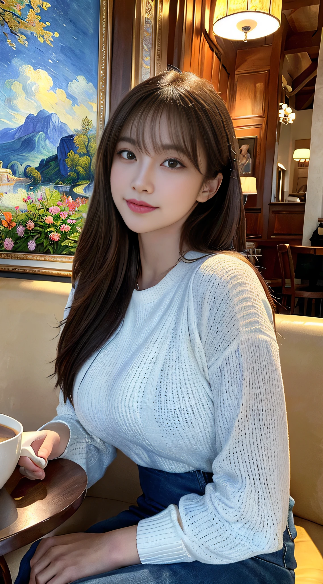 Ultra detail, high resolution, (realistic, realistic:1.4), 8k, (best quality), physical-based rendering, realistic photography, professional color grading, highest quality, ((highest quality)), ((masterpiece)), ((realistic)), Portrait of a woman with long straight hair sitting in a cozy café enjoying a cup of coffee. The painting captures the warmth and atmosphere of the environment with soft lighting. Artist Vincent Van Gogh brings his distinctive impressionist style to life through vibrant and dynamic lighting. The medium used is oil on canvas, which ensures high-quality detailed expression. It is rich in color and expressive, creating realistic and captivating scenes. This masterpiece depicts the serenity and beauty of its subjects, capturing the moment perfectly. Eye level, scenery, masterpieces