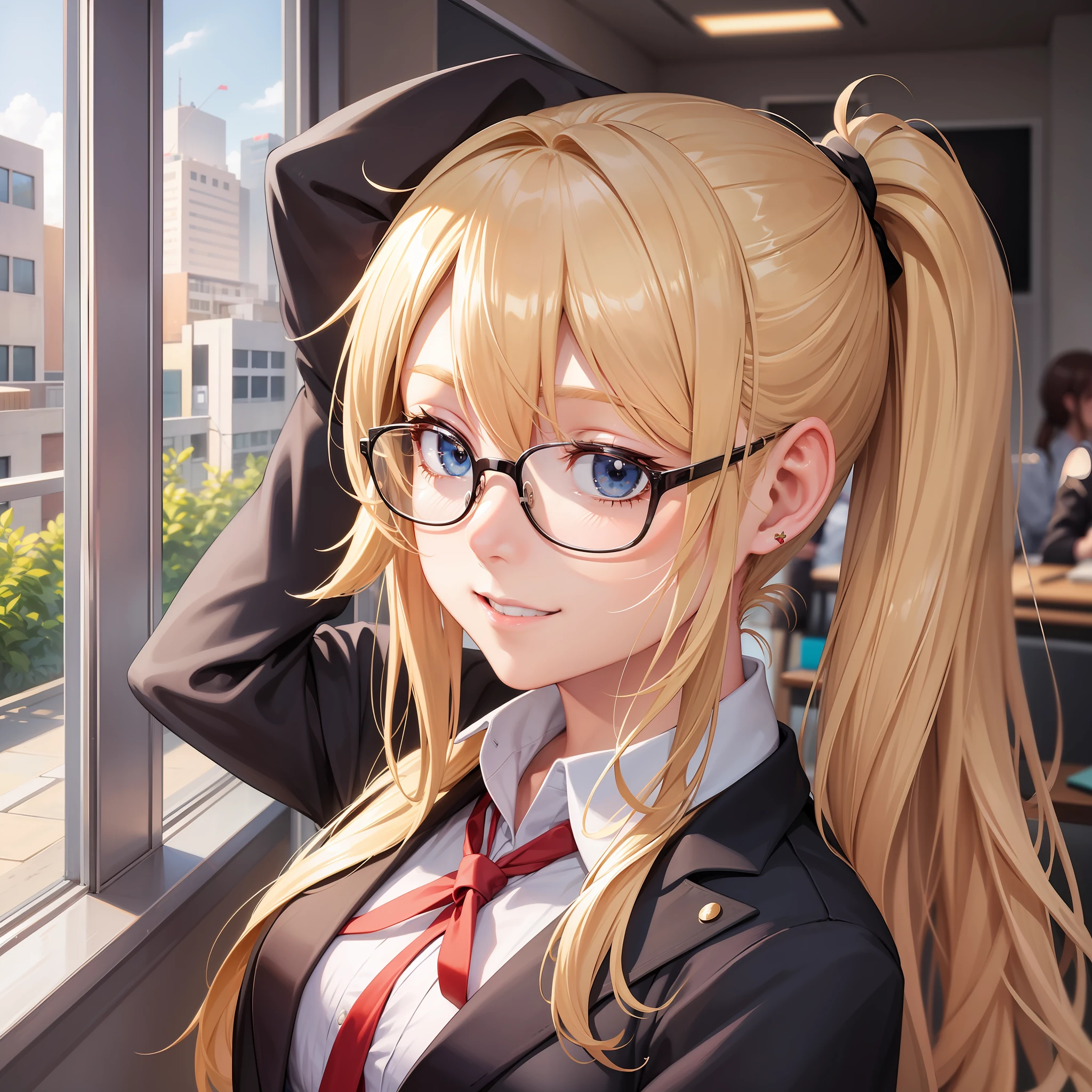 Date Glasses Girl Blonde Long Hair Smile Uniform School Ponytail
