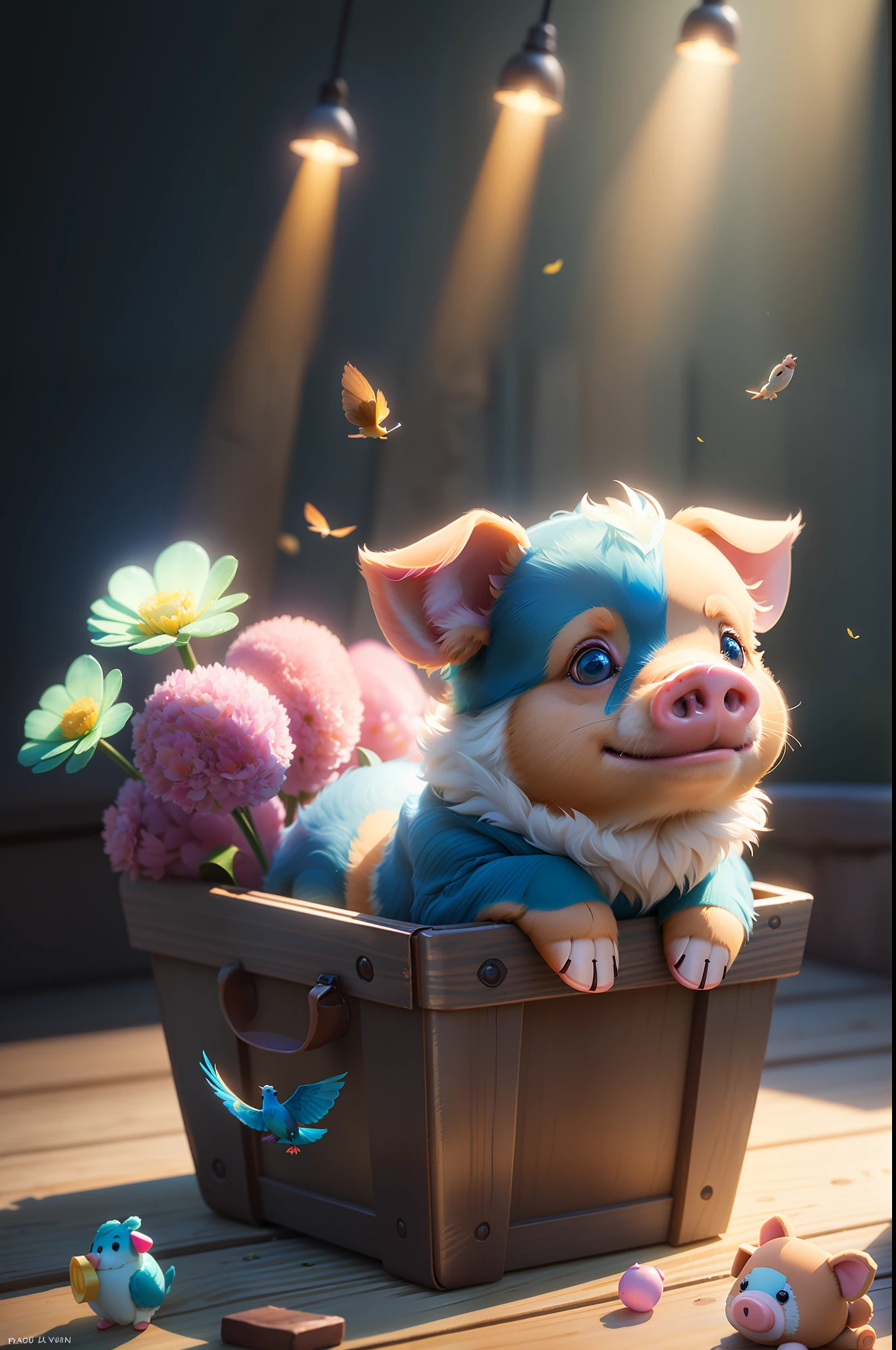absurd, high resolution, super detailed, very detailed, masterpiece, highest quality, best quality, subsurface scattering, (1 cute floating dog: 1.5), (solo: 1.4), (dog plush: 1.3), (45 degree side view: 1.2), (blue bird's eye: 1.1), fluffy, fluffy paws, a pair of pig ears, a pig's tail, a teddy bear outside the box, scattered with some toys, fanatical, elegant, holy, colorful, highest detail, underwater, floating, flowers, game art, Disney, DreamWorks, animated films, real light and shadow, bright and light atmosphere,
