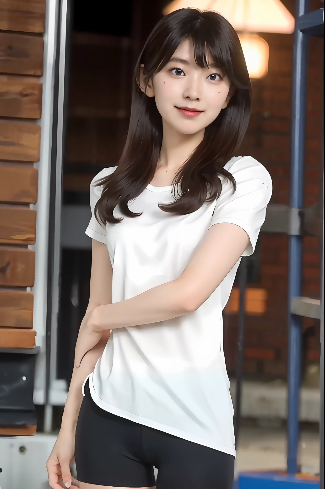 masterpiece, masterpiece, best quality, best quality, real, unity, 8k wallpaper, official art, highly detailed cg unity 8k wallpaper, ulzzang-6500, one girl, cute, professional lighting, ((long black spandex shorts: 1.37)), long hair, disheveled hair, (original: 1.2), (real: 1.4), ultra detailed, high resolution, ultra detailed, fantastic, Fine details, cinematic lighting, simple costumes, detailed clothing textures, (8k, RAW photos, highest quality, masterpiece: 1.27), (realistic, photorealistic: 1.37), physically based rendering, handsome, masterpiece, highest quality, high resolution,