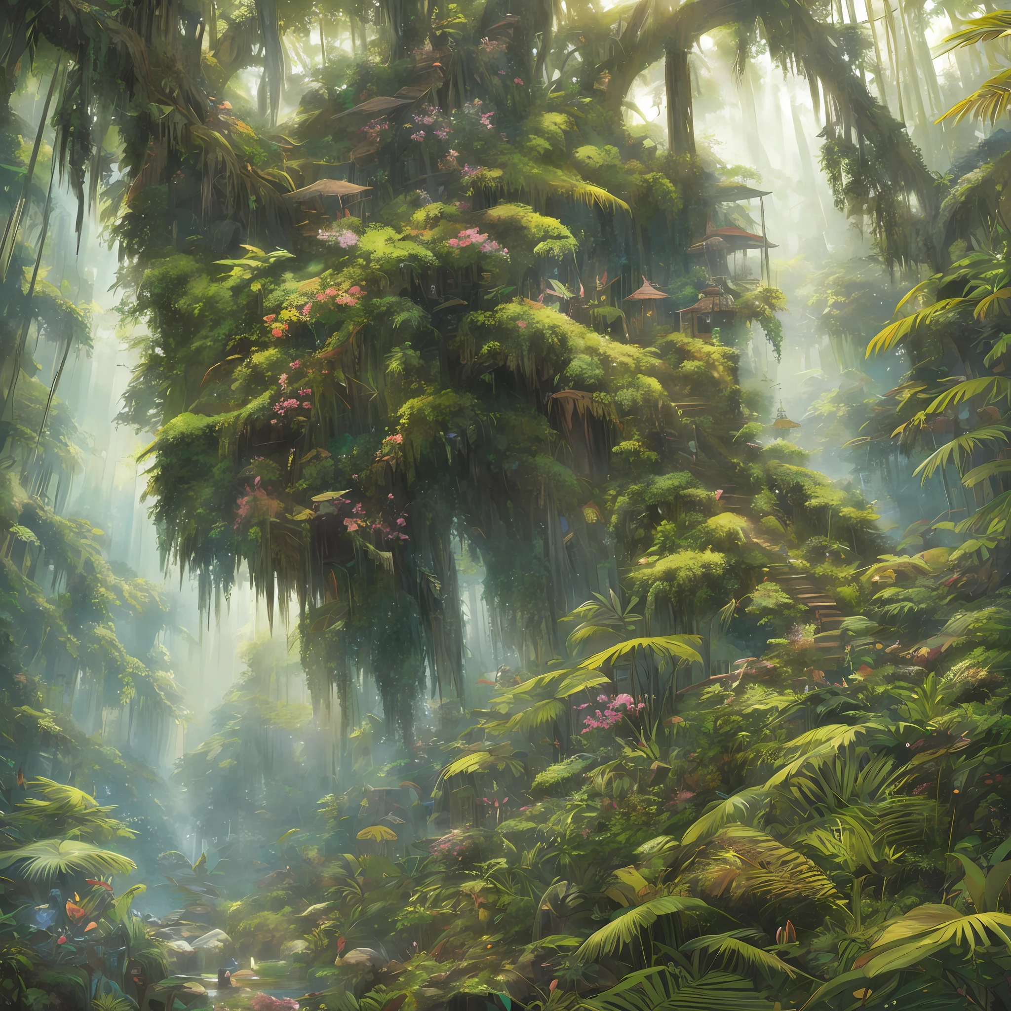 Digital illustration, detailed and intricate, of a dense jungle filled with exotic plants and animals, the sunlight filtering through the canopy creating a dappled effect. In the style of Yoshitaka Amano and Hayao Miyazaki, masterpiece, proportional, detailed, trending on artstation, beautiful lighting, realistic, intricate, award winning, 4k, highest quality Award-winning, 4K digital painting in the style of Yoshitaka Amano. Detailed and intricate depiction of a zombie apocalypse, masterfully capturing the chaos and drama of the scene. Beautiful lighting and cinematic composition make this piece a true masterpiece, trending on artstation --auto --s2
