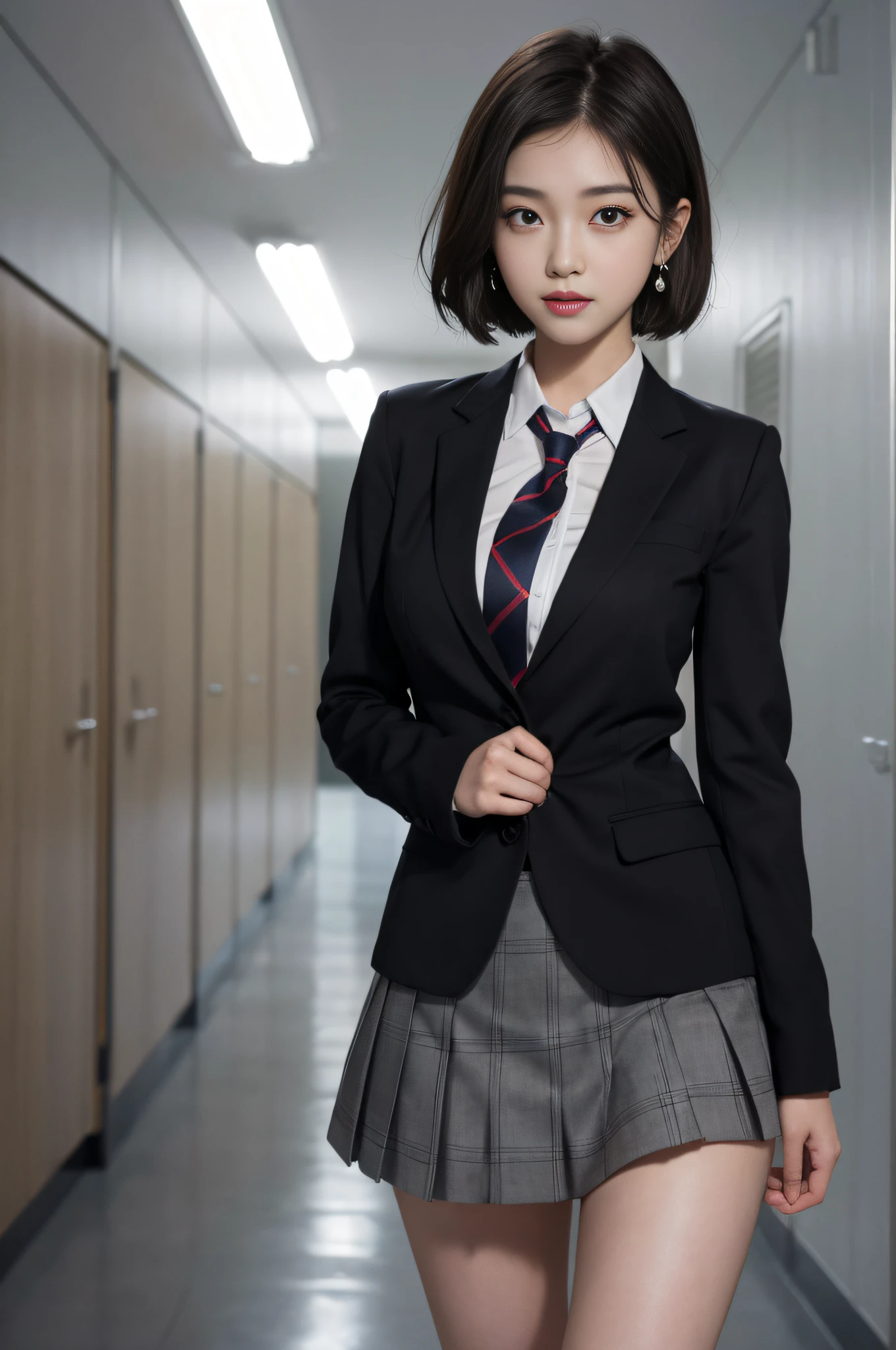 School uniform, shirt, blazer, ribbon tie, skirt, school, hallway in front of classroom, chest protruding pose, 8K RAW photo, high resolution,  Korean, very big round breasts, beautiful eyes in detail, long eyelashes, beautiful double eyelids, eyeshadow, eyeliner, slit eyes, elongated eye shape, sanpaku eyes, dark eye makeup, evil smile, beautiful thin legs, random short hair, tie hair behind the head, earrings, bright brown hair,