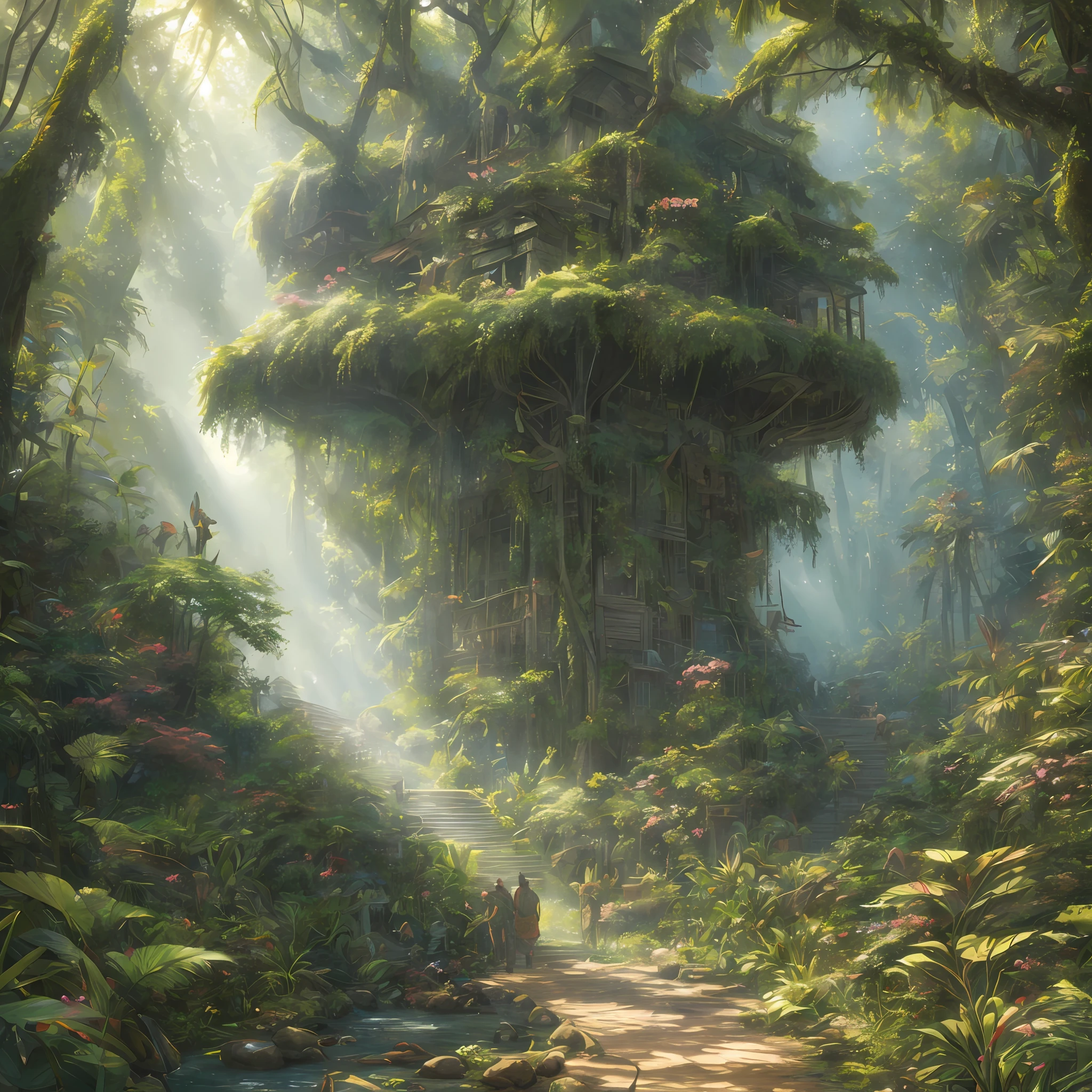 Digital illustration, detailed and intricate, of a dense jungle filled with exotic plants and animals, the sunlight filtering through the canopy creating a dappled effect. In the style of Yoshitaka Amano and Hayao Miyazaki, masterpiece, proportional, detailed, trending on artstation, beautiful lighting, realistic, intricate, award winning, 4k, highest quality Award-winning, 4K digital painting in the style of Yoshitaka Amano. Detailed and intricate depiction of a zombie apocalypse, masterfully capturing the chaos and drama of the scene. Beautiful lighting and cinematic composition make this piece a true masterpiece, trending on artstation --auto --s2