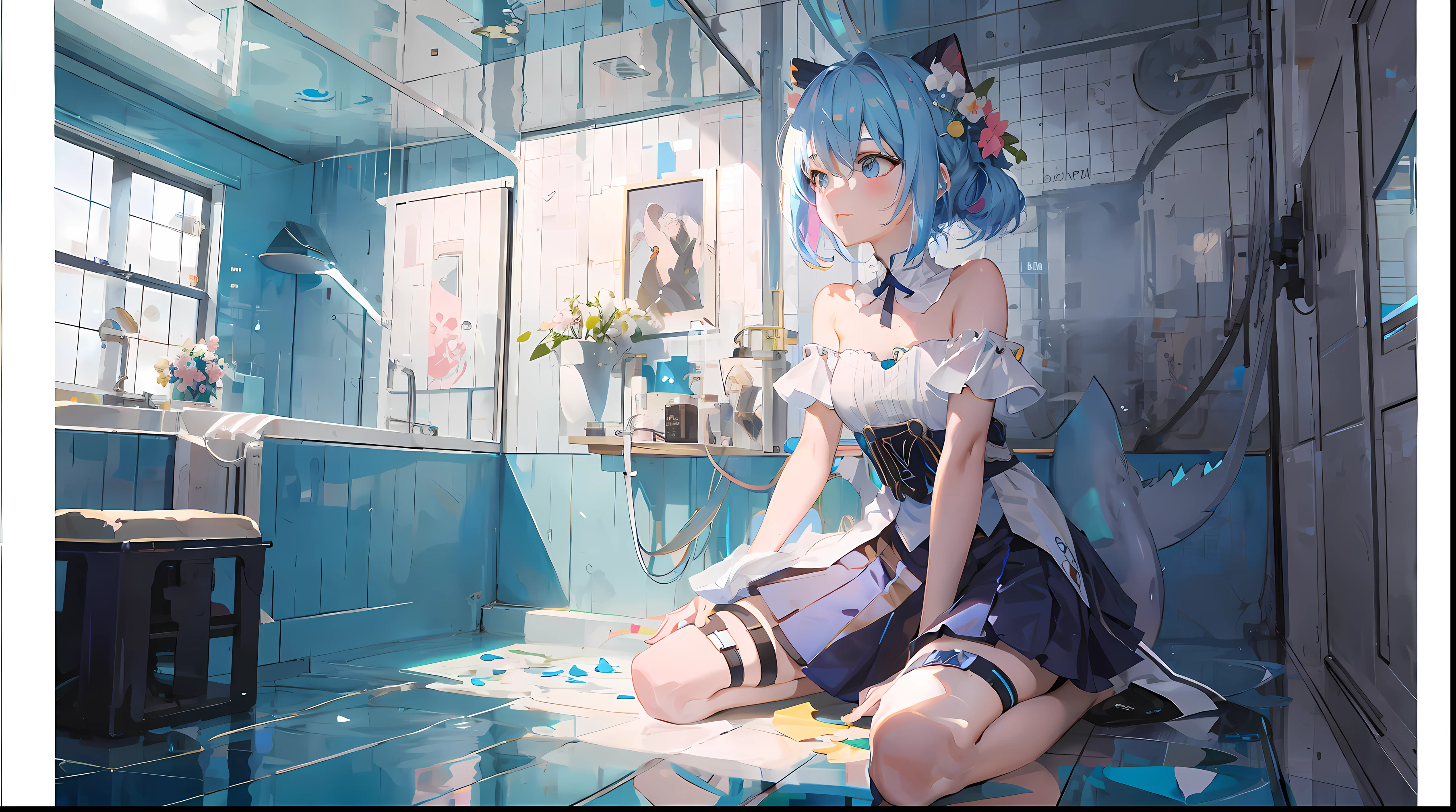 anime - style image of a woman in a bathroom with a blue background, artwork in the style of guweiz, anime art wallpaper 8 k, anime style 4 k, anime art wallpaper 4 k, anime art wallpaper 4k, trending on artstation pixiv, guweiz on artstation pixiv, guweiz on pixiv artstation