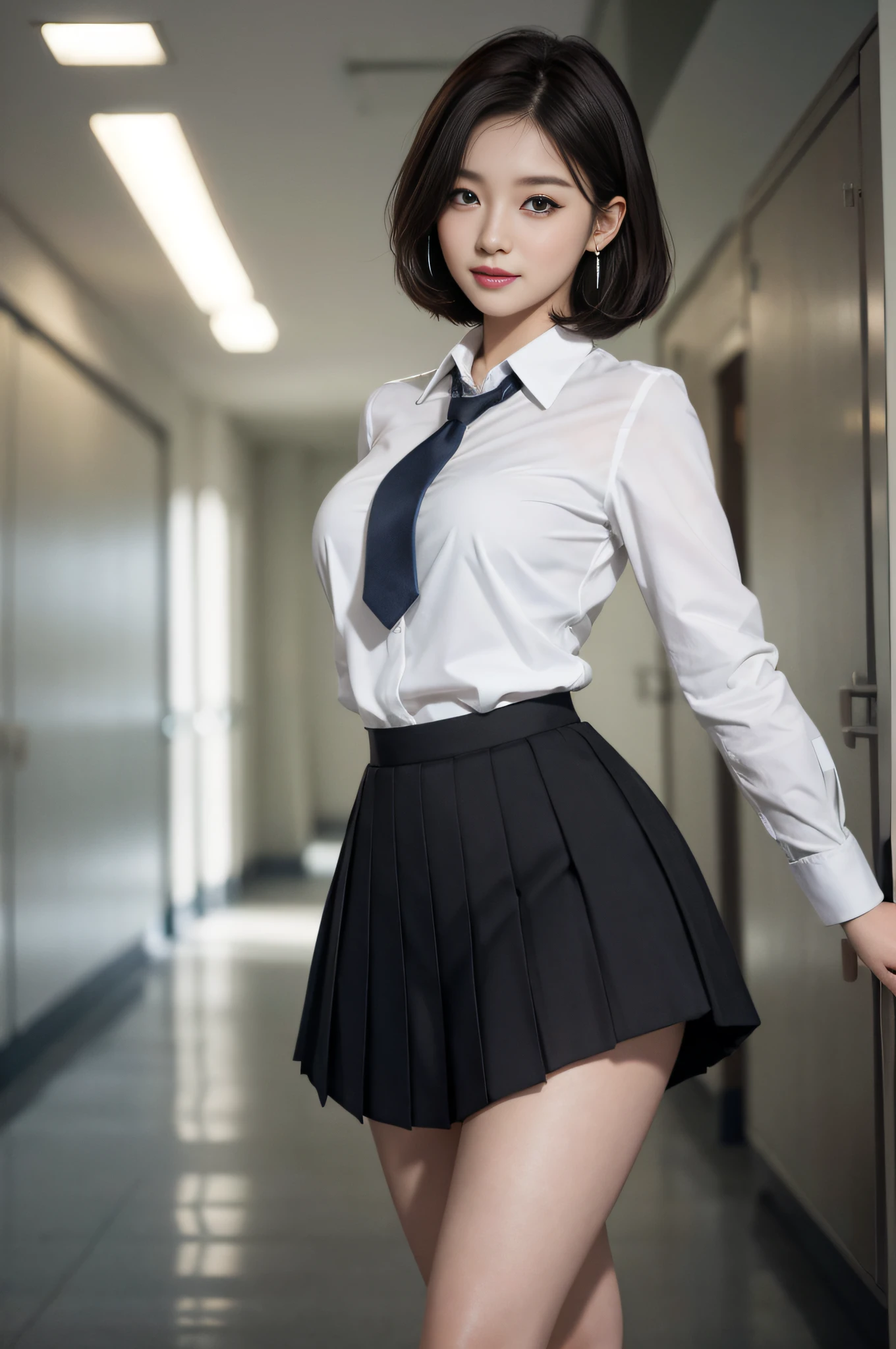 School uniform, shirt, blazer, ribbon tie, skirt, school, hallway in front of classroom, chest protruding pose, 8K RAW photo, high resolution, 15 year old Korean, very big round breasts, beautiful eyes in detail, long eyelashes, beautiful double eyelids, eyeshadow, eyeliner, slit eyes, elongated eye shape, sanpaku eyes, dark eye makeup, evil smile, beautiful thin legs, random short hair, tie hair behind the head, earrings, bright brown hair,