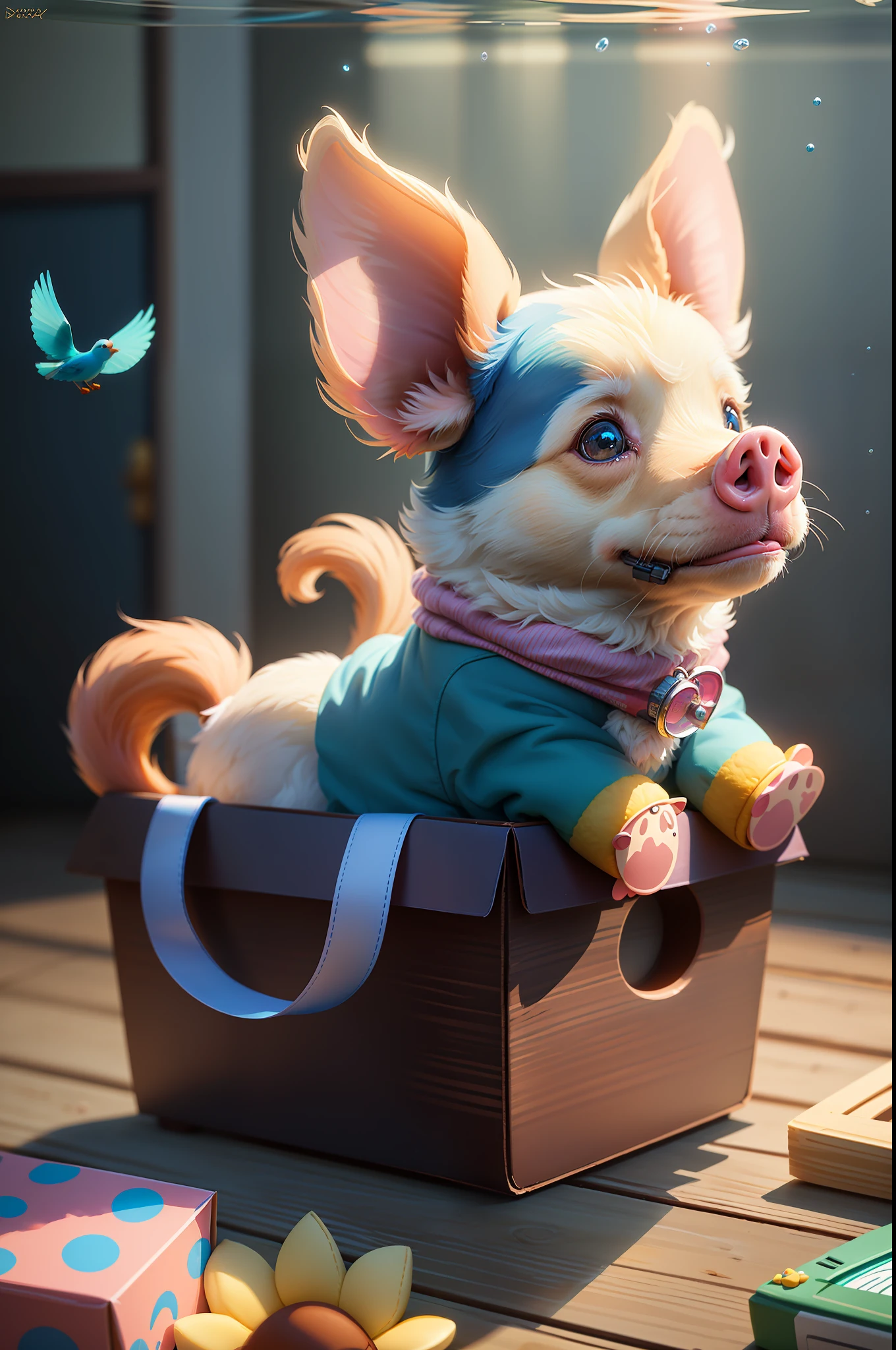 absurd, high resolution, super detailed, very detailed, masterpiece, highest quality, best quality, subsurface scattering, (1 cute floating dog: 1.5), (solo: 1.4), (dog plush: 1.3), (45 degree side view: 1.2), (blue bird's eye: 1.1), fluffy, fluffy paws, a pair of pig ears, a pig's tail, a teddy bear outside the box, scattered with some toys, fanatical, elegant, holy, colorful, highest detail, underwater, floating, flowers, game art, Disney, DreamWorks, animated films, real light and shadow, bright and light atmosphere,