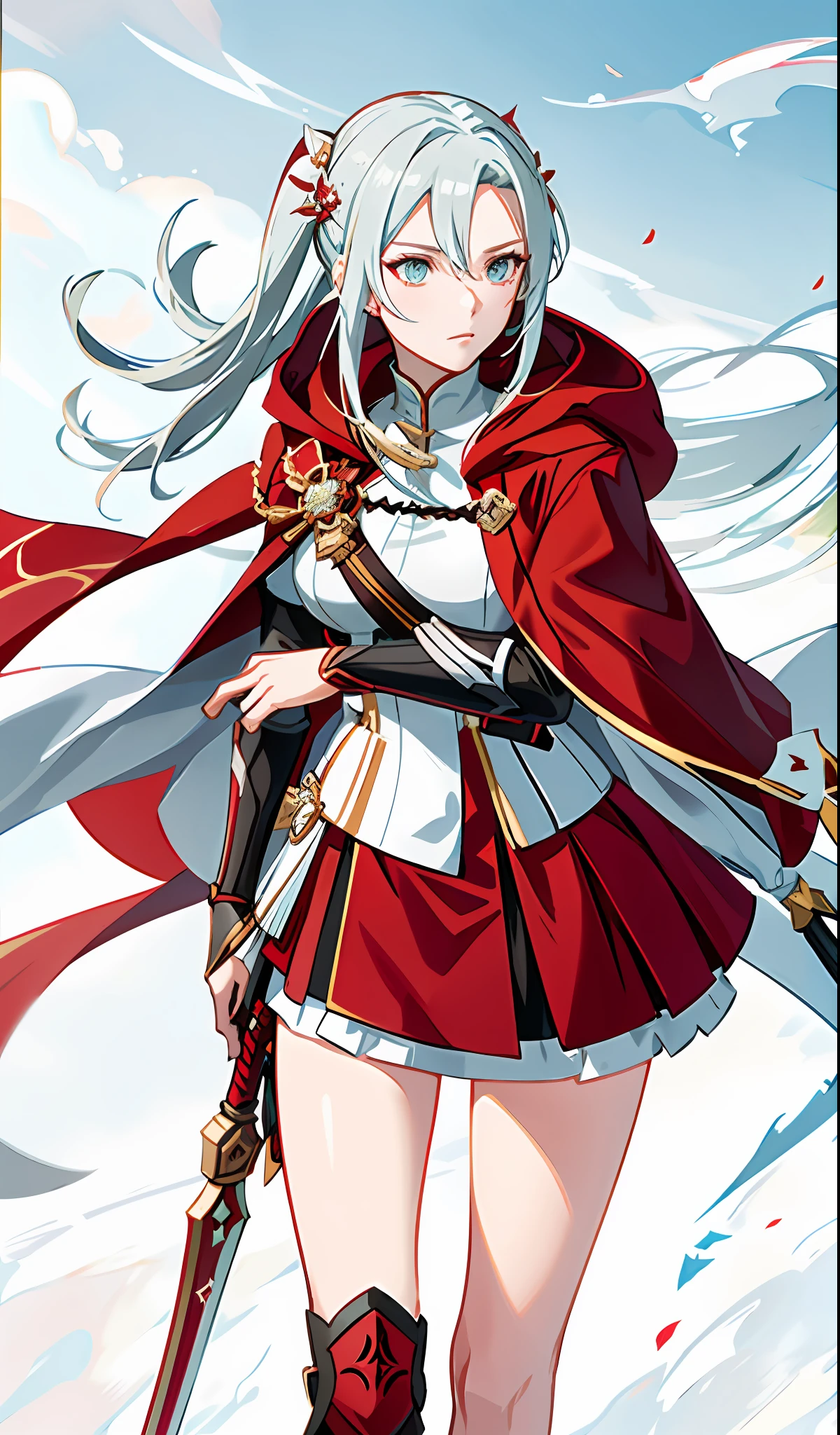 a close up of a cartoon of a woman with a sword, genshin impact character, red hooded mage, ayaka genshin impact, edelgard fire emblem, white and red armor, keqing from genshin impact, crimson attire, red cloak, edelgard from fire emblem, genshin impact style, zhongli from genshin impact, lady in red armor