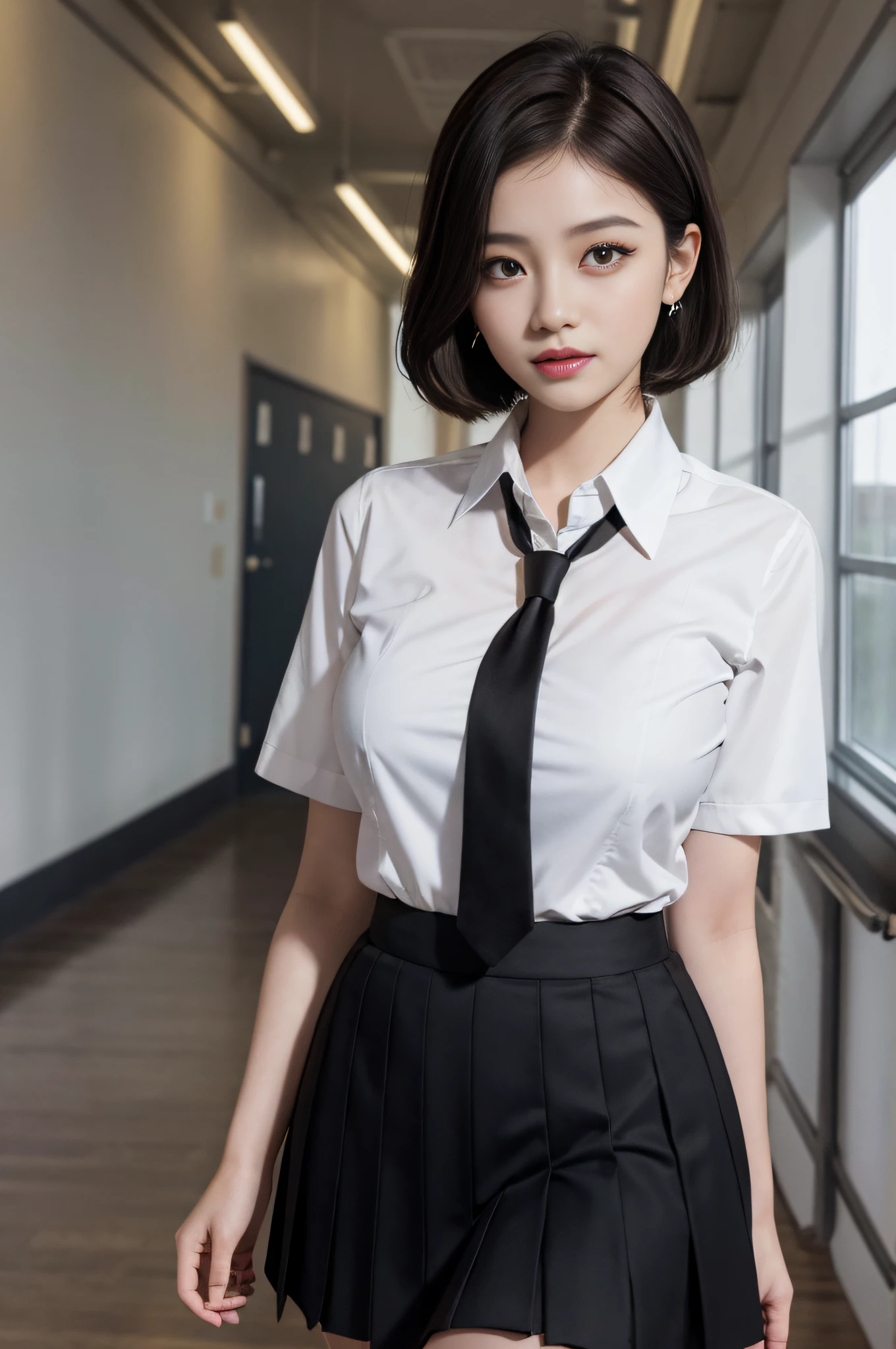 School uniform, shirt, blazer, ribbon tie, skirt, school, hallway in front of classroom, chest protruding pose, 8K RAW photo, high resolution, 15 year old Korean, very big round breasts, beautiful eyes in detail, long eyelashes, beautiful double eyelids, eyeshadow, eyeliner, slit eyes, elongated eye shape, sanpaku eyes, dark eye makeup, evil smile, beautiful thin legs, random short hair, tie hair behind the head, earrings, bright brown hair,