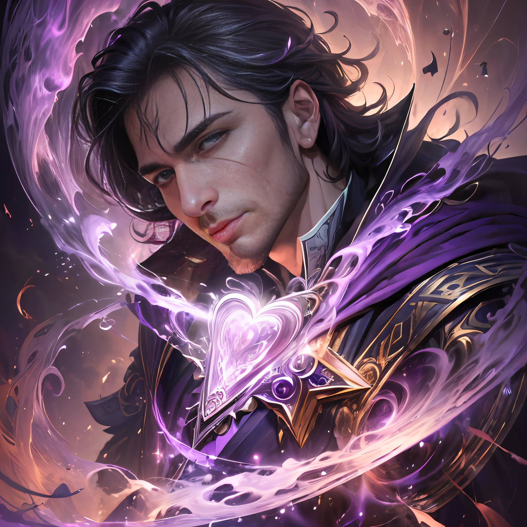 (masterpiece, best quality:1.4),(absurdres, highres, ultra detailed:1.2), (1 handsome man:1.4),(using dark magic:1.4),purple magic,playful illustrations, fractal art,imaginative overlays, clothes purple detailed, flying sky, --auto --s2