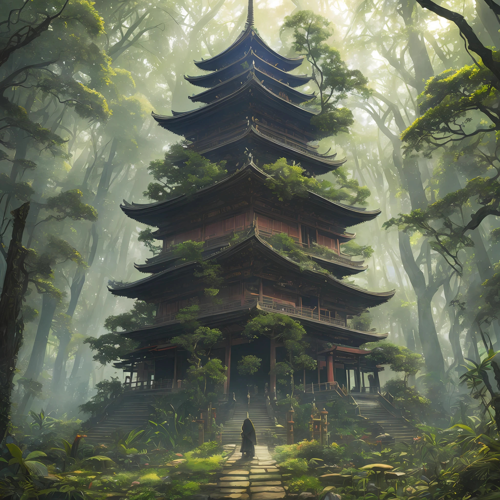 Digital illustration, detailed and intricate, of a dense jungle filled with exotic plants and animals, the sunlight filtering through the canopy to a Buddhist temple and torii. Dark and dirty prism effect.In the style of Yoshitaka Amano and Hayao Miyazaki, masterpiece, proportional, detailed, trending on artstation, beautiful lighting, realistic, intricate, award winning, 4k, highest quality Award-winning, 4K digital painting in the style of Yoshitaka Amano. Detailed and intricate depiction of a zombie apocalypse, masterfully capturing the chaos and drama of the scene. Beautiful lighting and cinematic composition make this piece a true masterpiece, trending on artstation --auto --s2