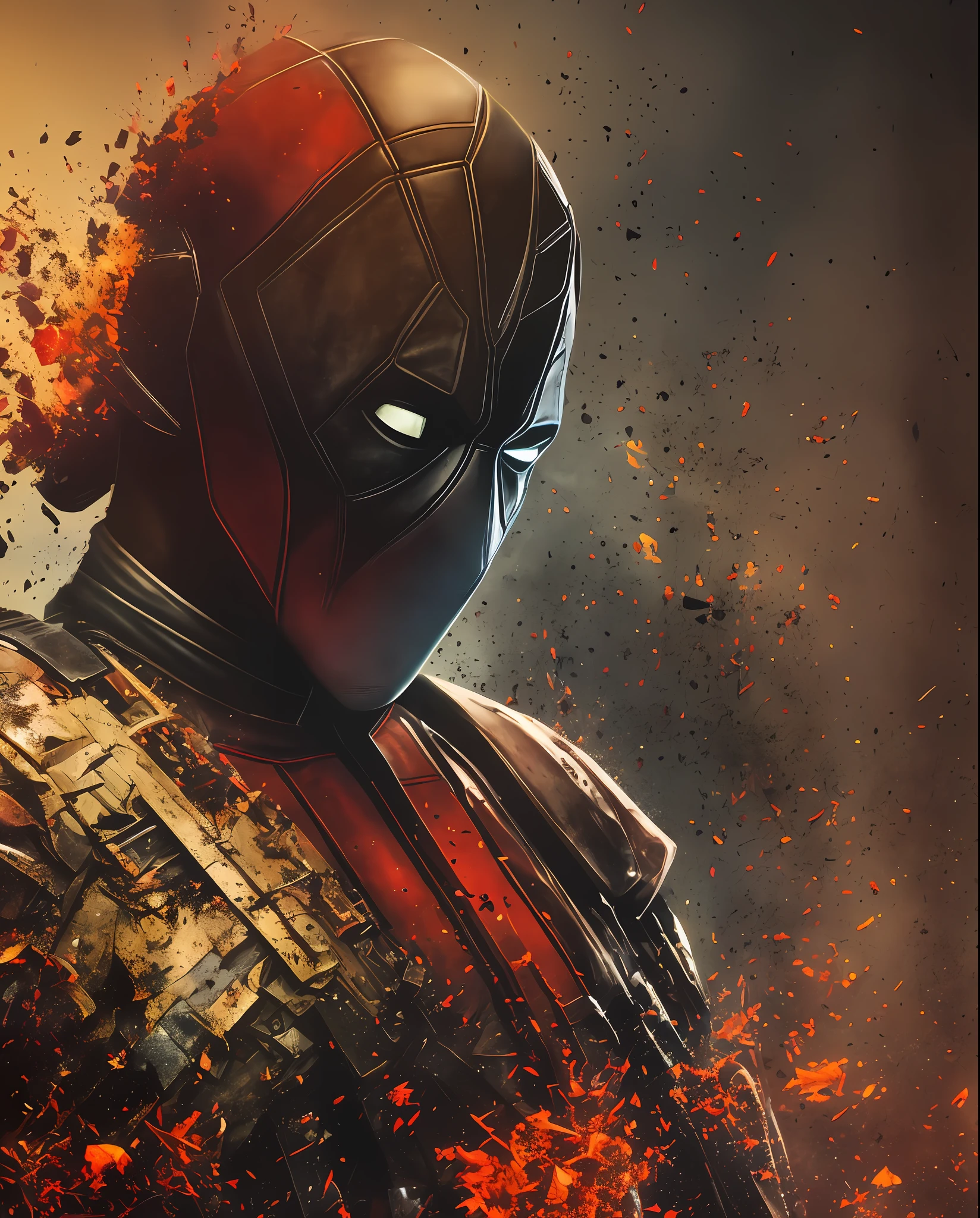 Daring Deadpool sits on a pile of debris, portrait, soft cinematic light, Adobe Lightroom, darkroom, HDR, intricate, highly detailed, (depth of field: 1.4), hyper-detail (artstation: 1.4), cinematic, warm light, dramatic light (complex details: 1.1)