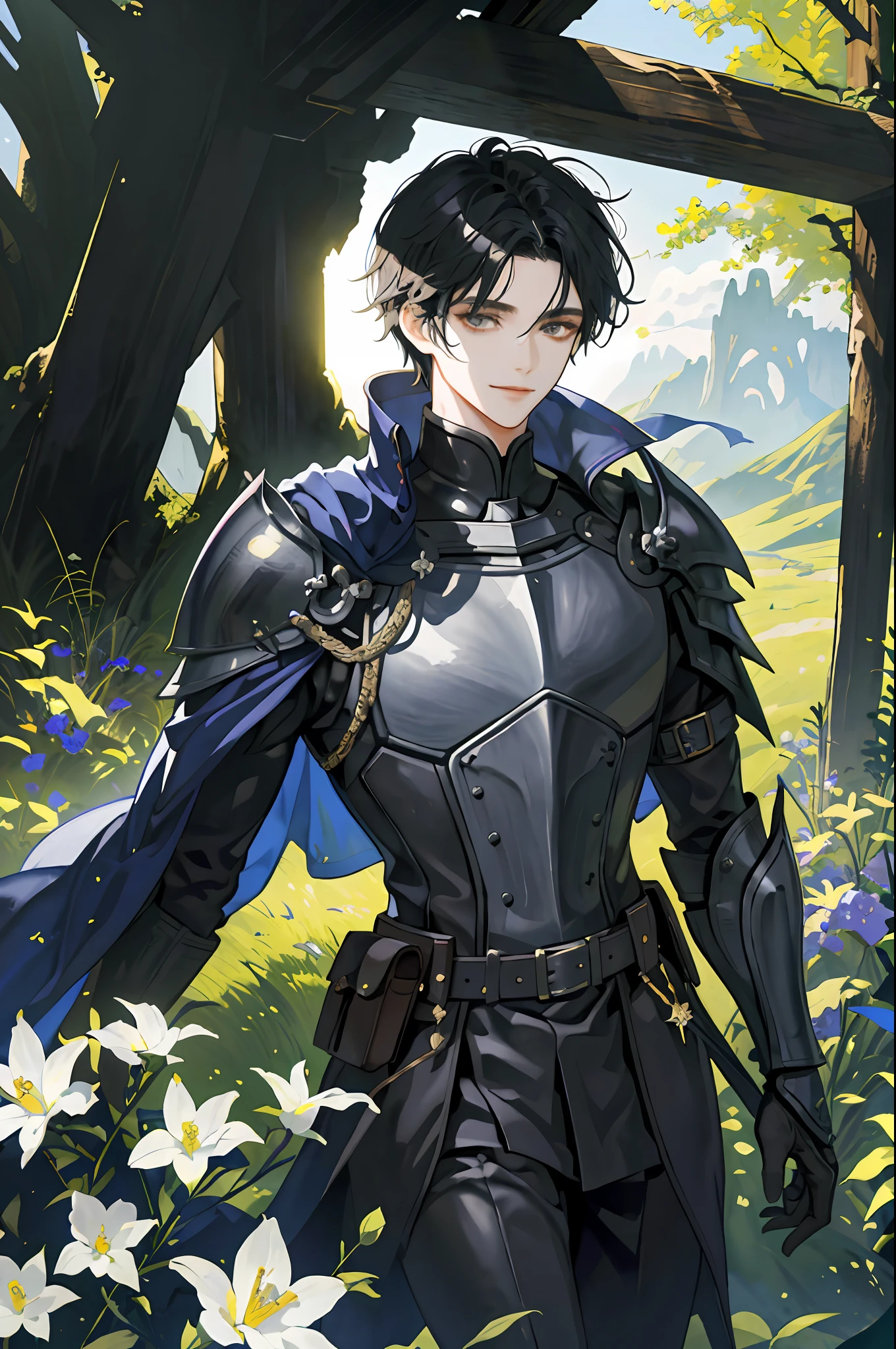 ((Masterpiece: 1.2, highest quality)), ((2 men)), Tough Black Knight, 30 years old, short black hair, scar on right eye, black armor, fantasy, forest, blooming flowers, sunlight, fantastic light and shadow, landscape, highly detailed face, portrait, smile