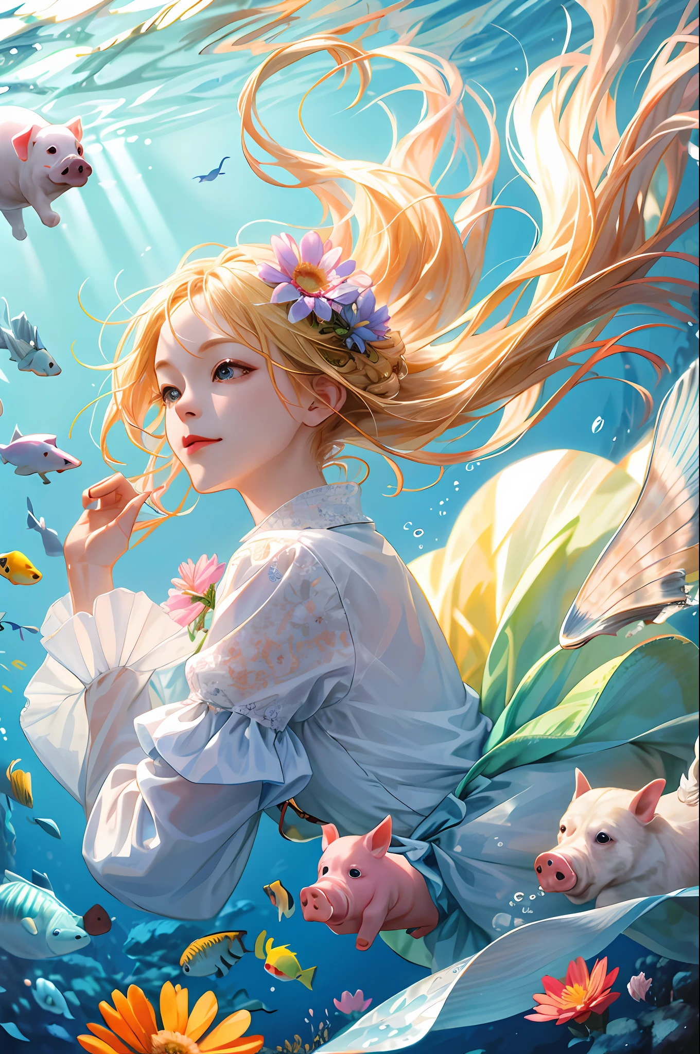 (Ridiculous, High Resolution, Ultra Detailed), 1 Cute Floating Dog, 1 Cute Floating Pig, Solo, Mature, (Short Blonde), Fanatic, Long Sleeves, Elegant, Holy, Colorful, Supreme Detail, Underwater, Floating Hair, Flower, Back, Upper Body