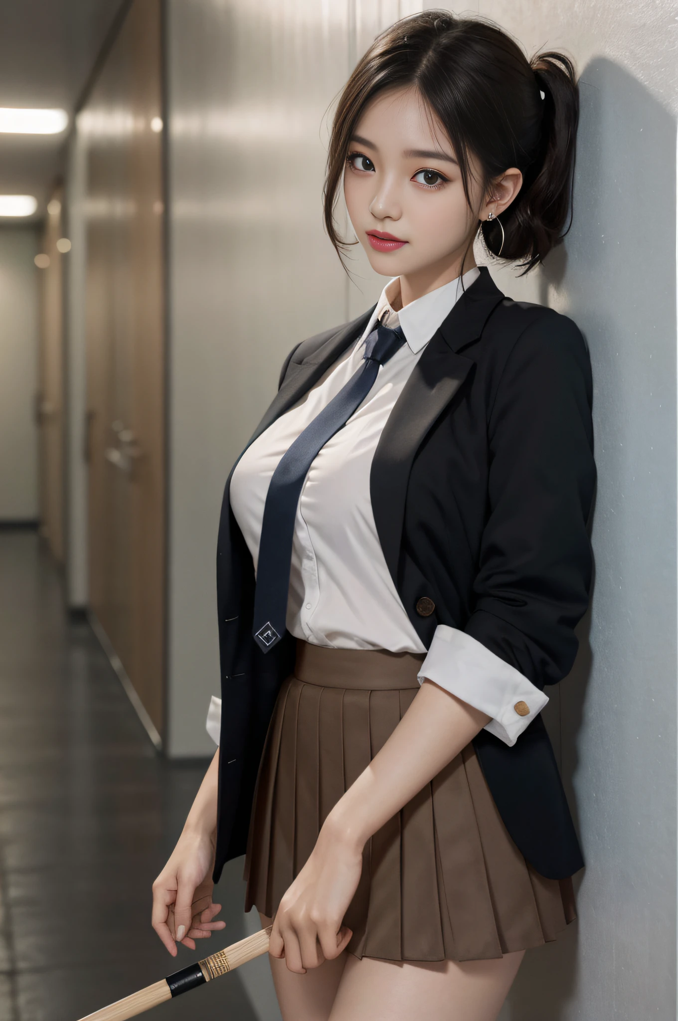 holding an indicator stick in hand, absolute area, school uniform, shirt, blazer, ribbon tie, skirt, school, hallway in front of classroom, chest protruding pose, 8K RAW photo, high resolution, Korean, very big round breasts, beautiful eyes in detail, long eyelashes, beautiful double eyelids, eyeshadow, eyeliner, cut eyes, elongated eye shape, Sanpaku eyes, dark eye makeup, evil smile, beautiful thin legs, random short hair, hair tied behind the head, earrings, light brown hair,